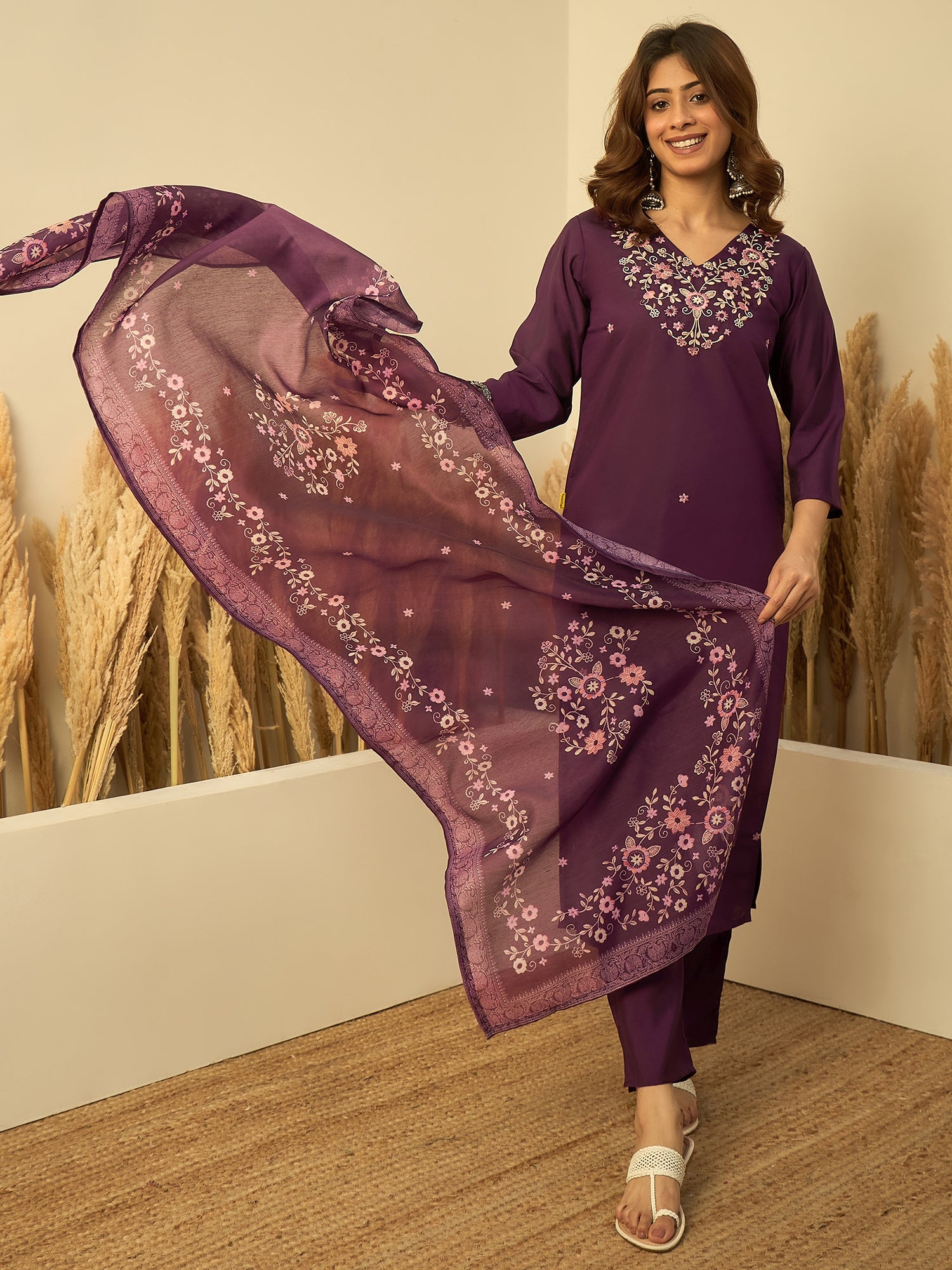 Meera Women's Purple Festive Kurta Set with Printed Dupatta