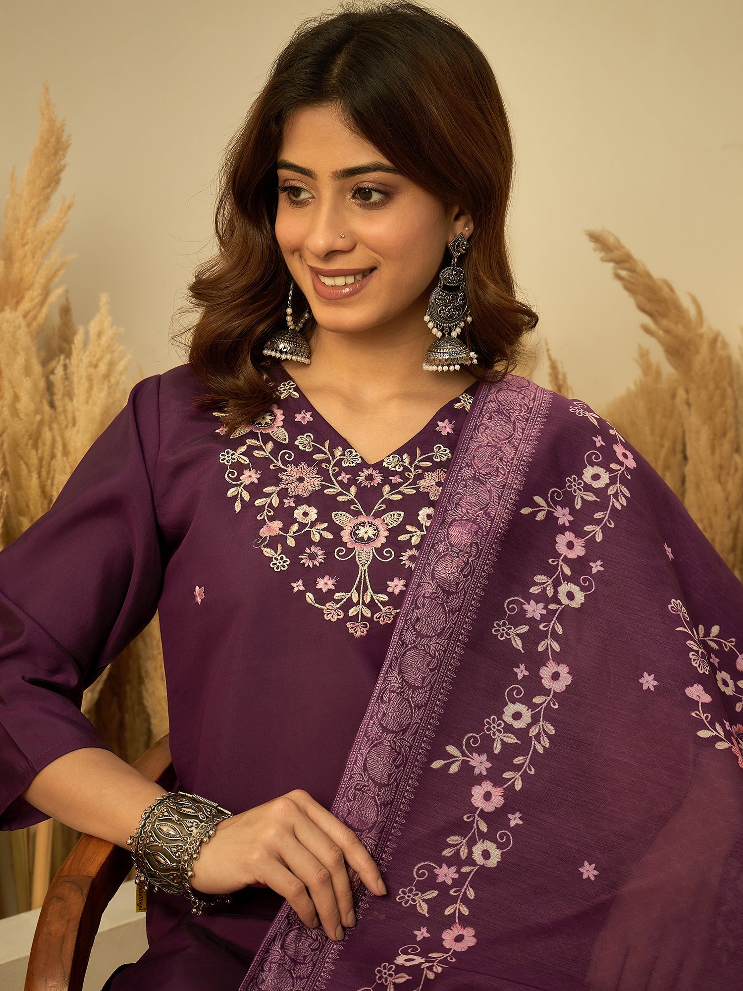 Meera Women's Purple Festive Kurta Set with Printed Dupatta