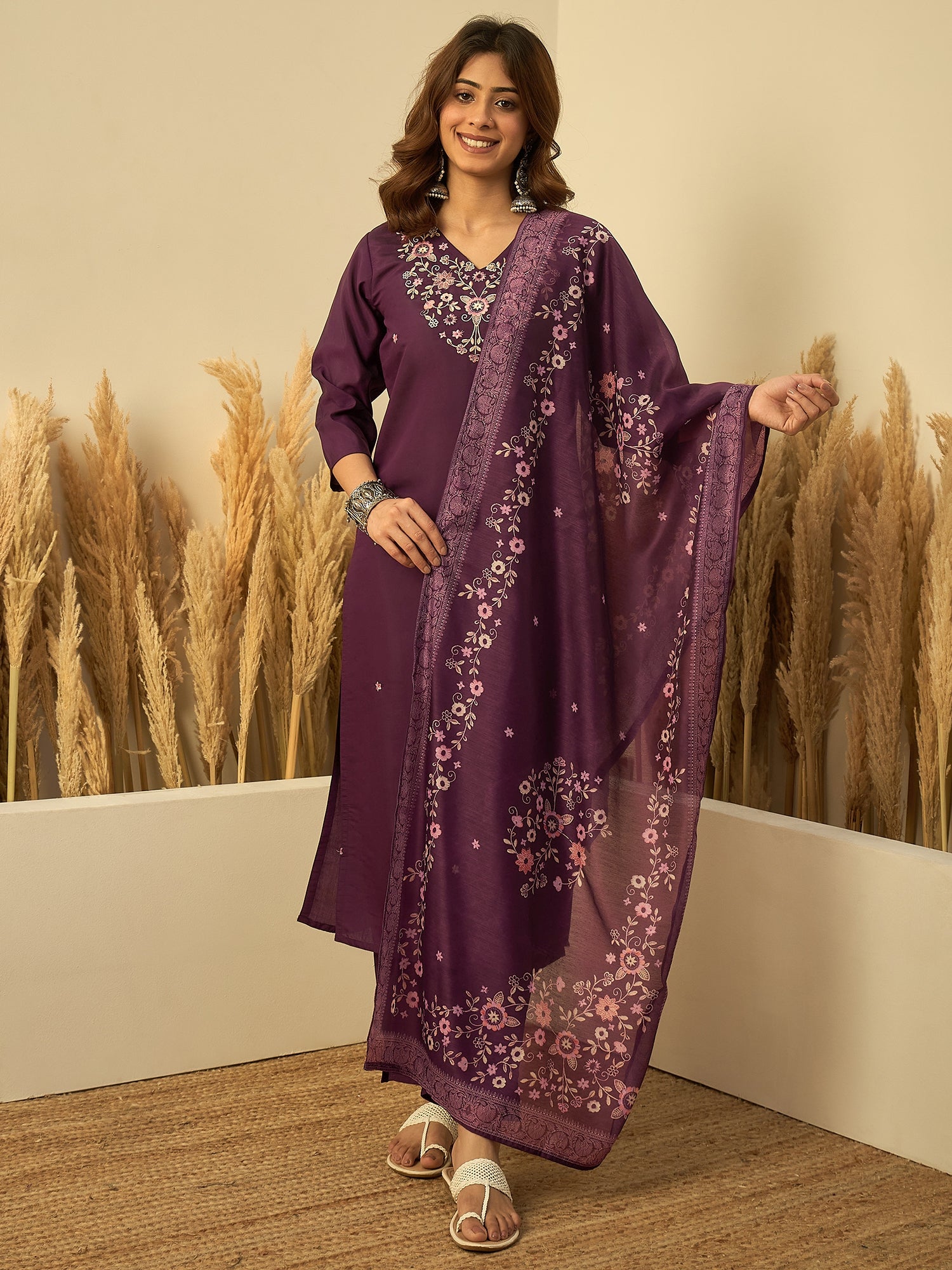 Meera Women's Purple Festive Kurta Set with Printed Dupatta
