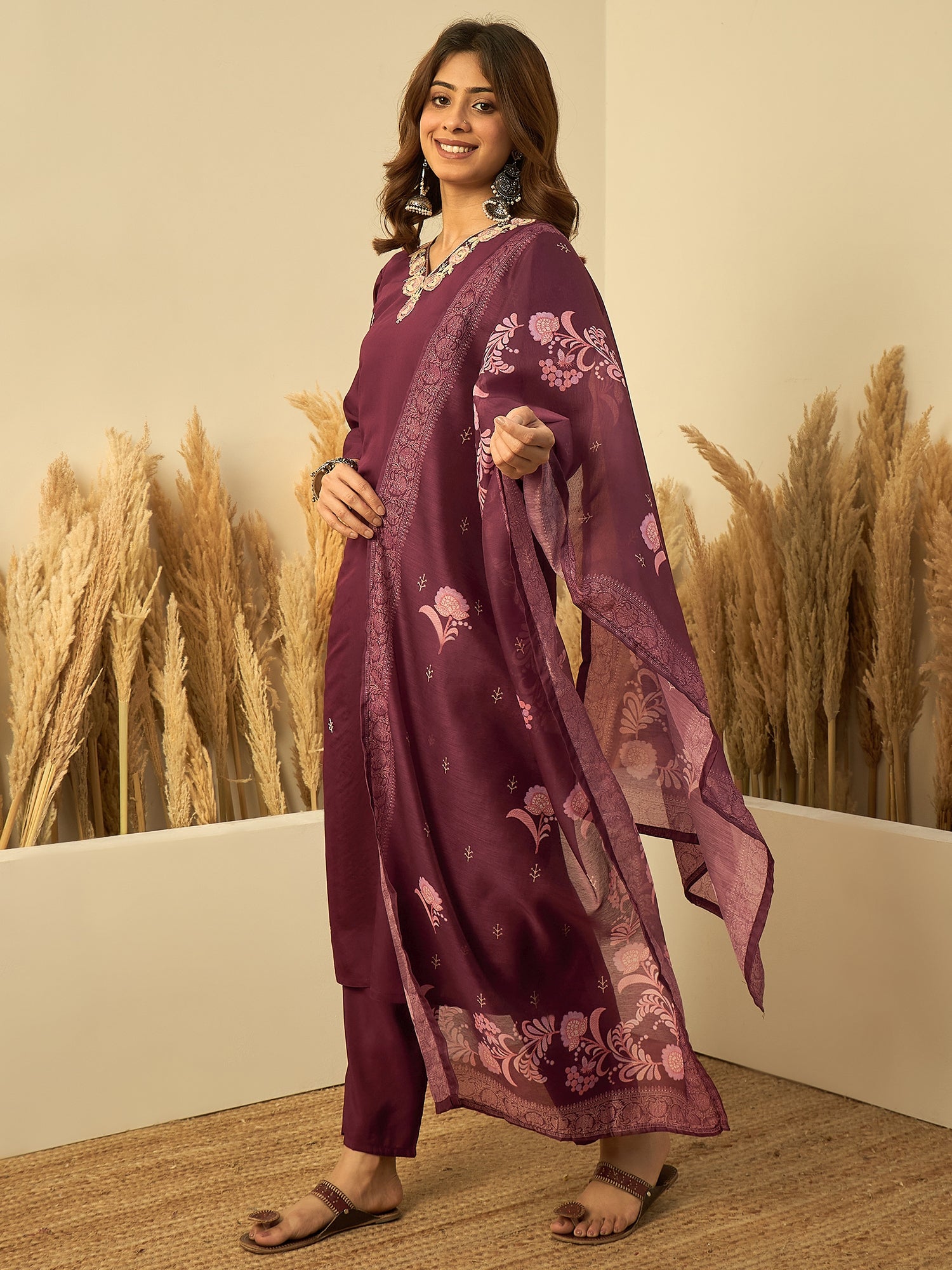 Ishani Women's Wine Festive Embroidered Straight Kurta Pant Set