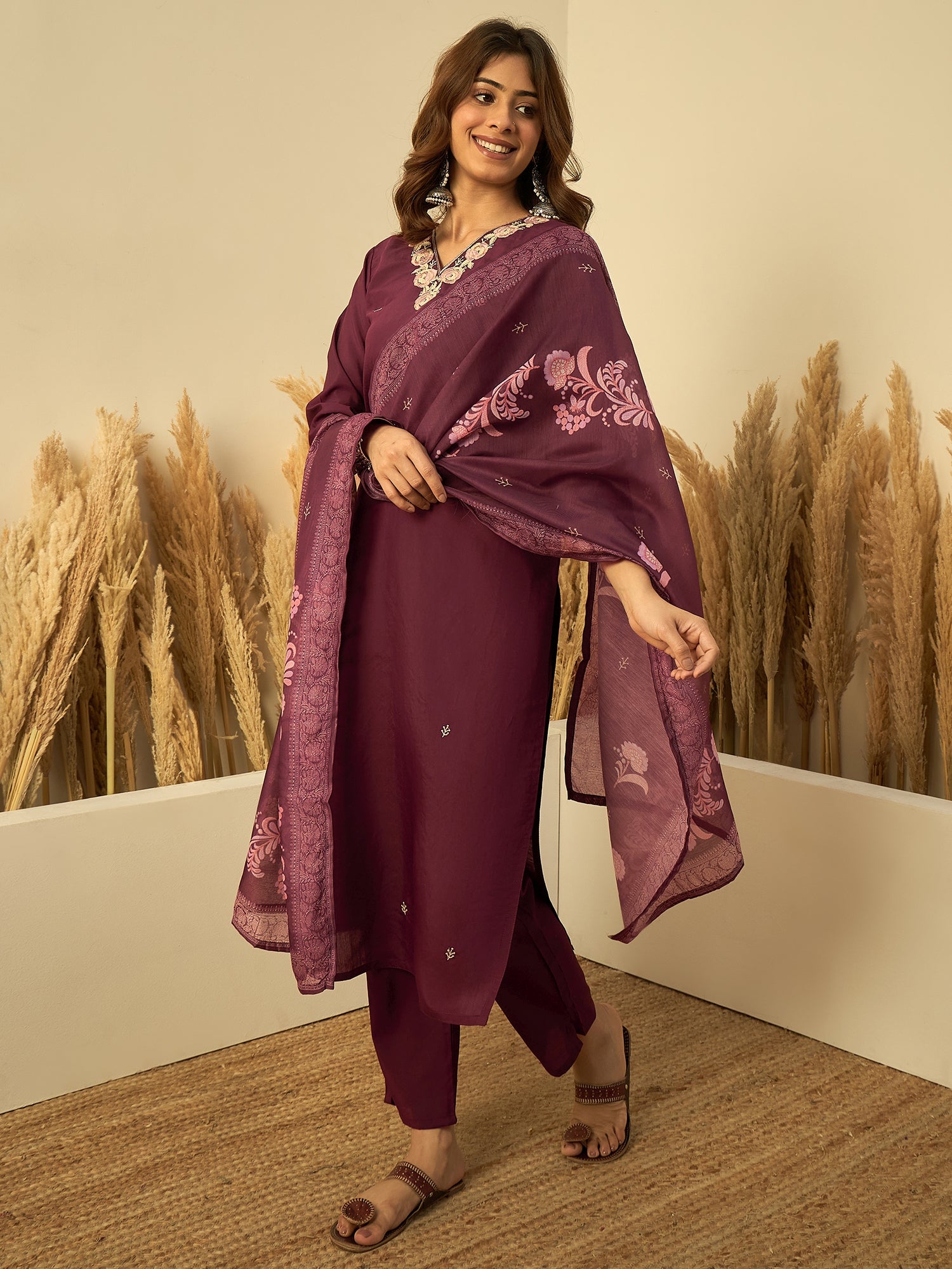 Ishani Women's Wine Festive Embroidered Straight Kurta Pant Set
