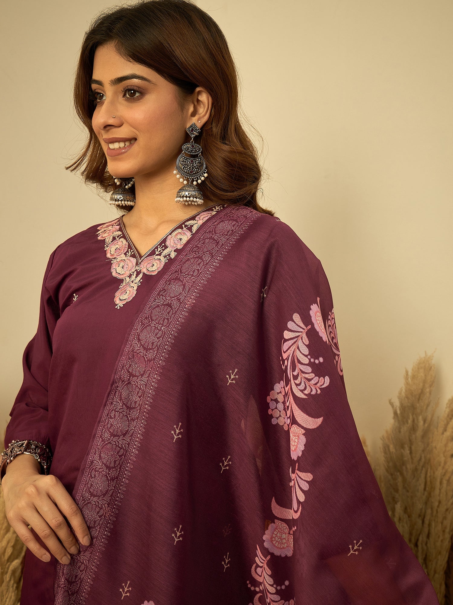 Ishani Women's Wine Festive Embroidered Straight Kurta Pant Set