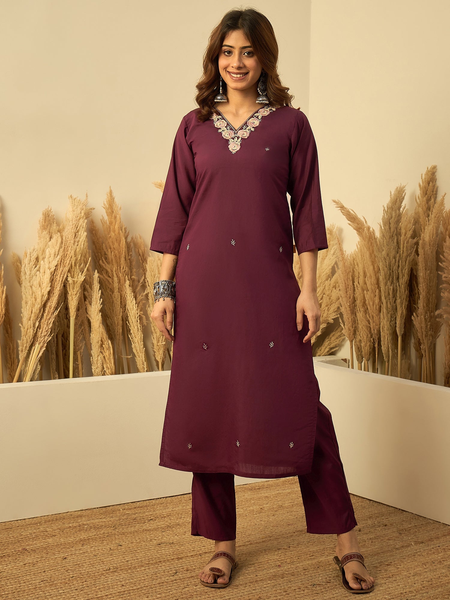 Ishani Women's Wine Festive Embroidered Straight Kurta Pant Set