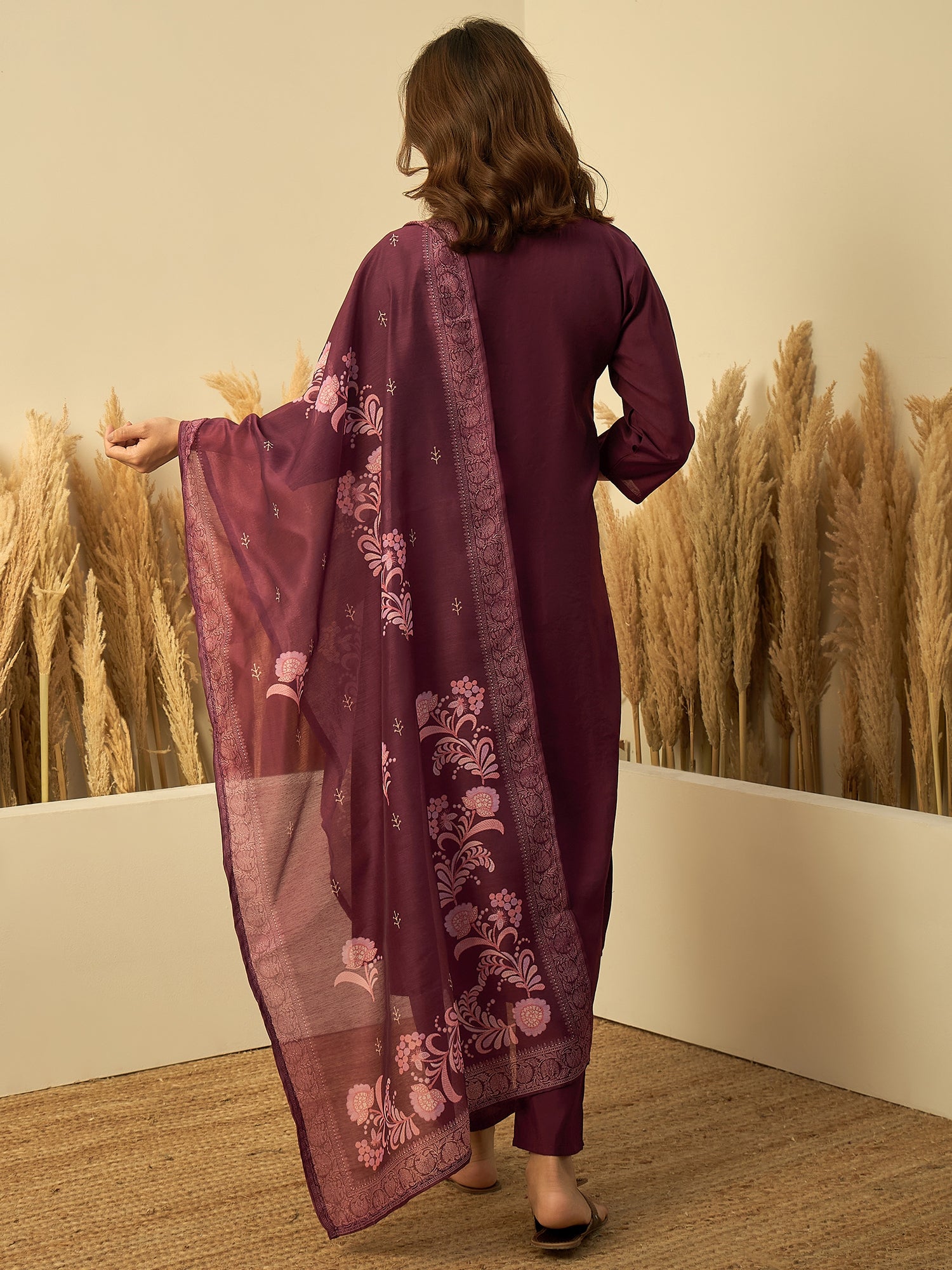 Ishani Women's Wine Festive Embroidered Straight Kurta Pant Set