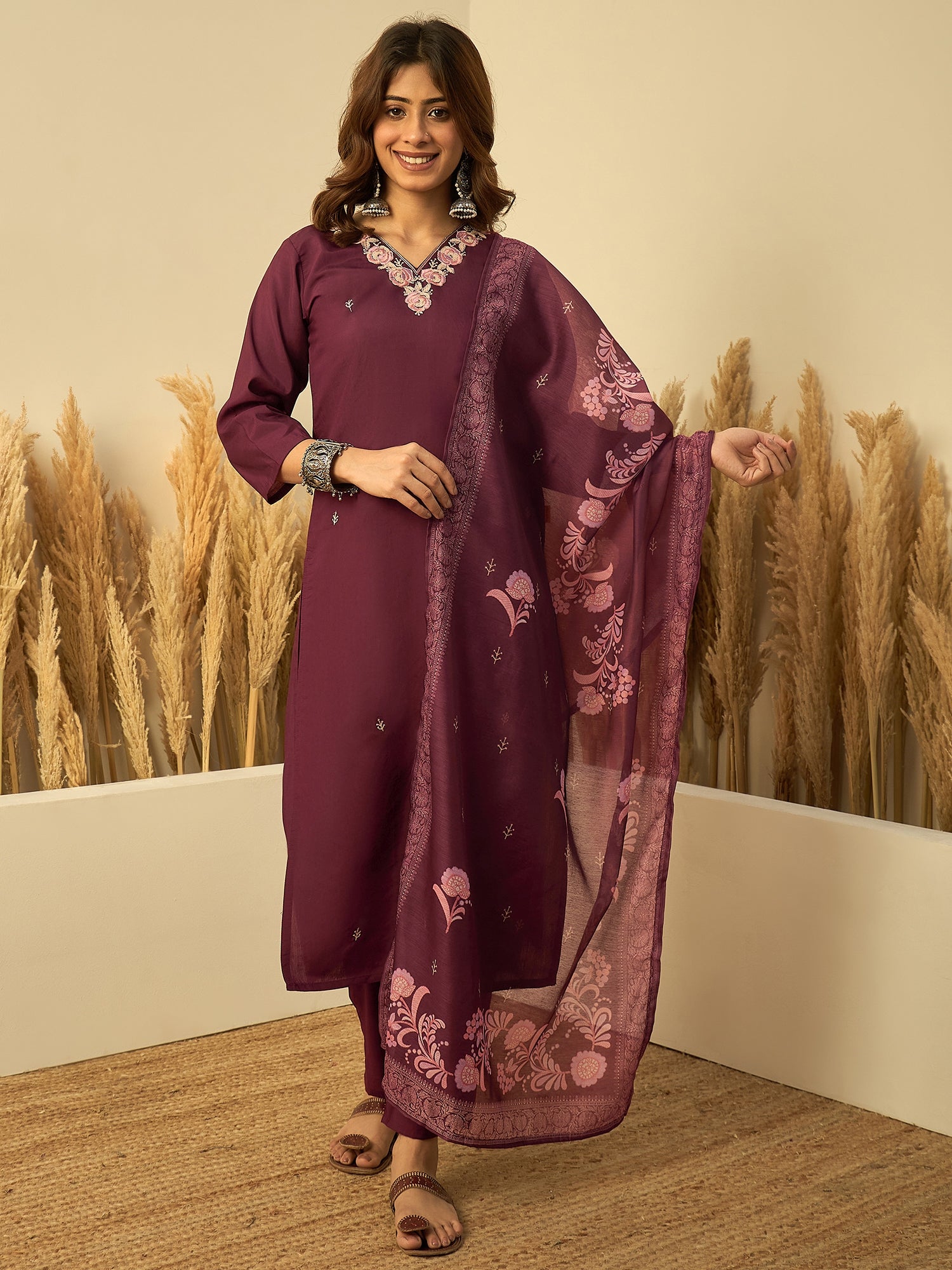 Ishani Women's Wine Festive Embroidered Straight Kurta Pant Set