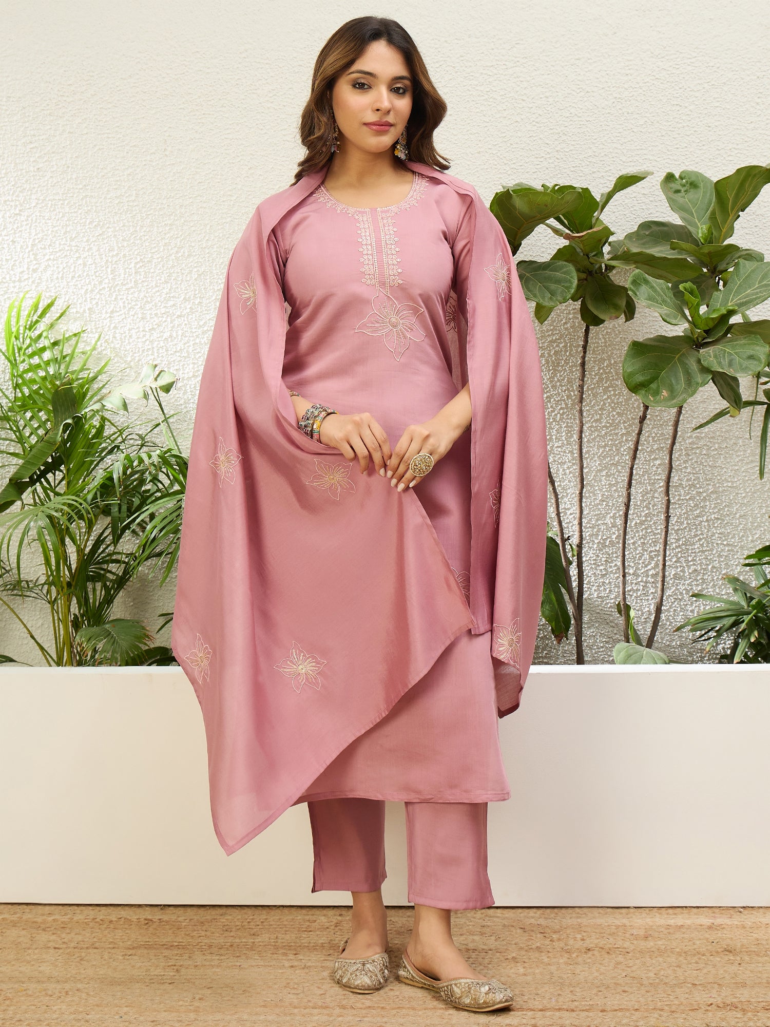 Tanvi Women's Soft Baby Pink Floral Embroidered Yoke Straight Kurta Set