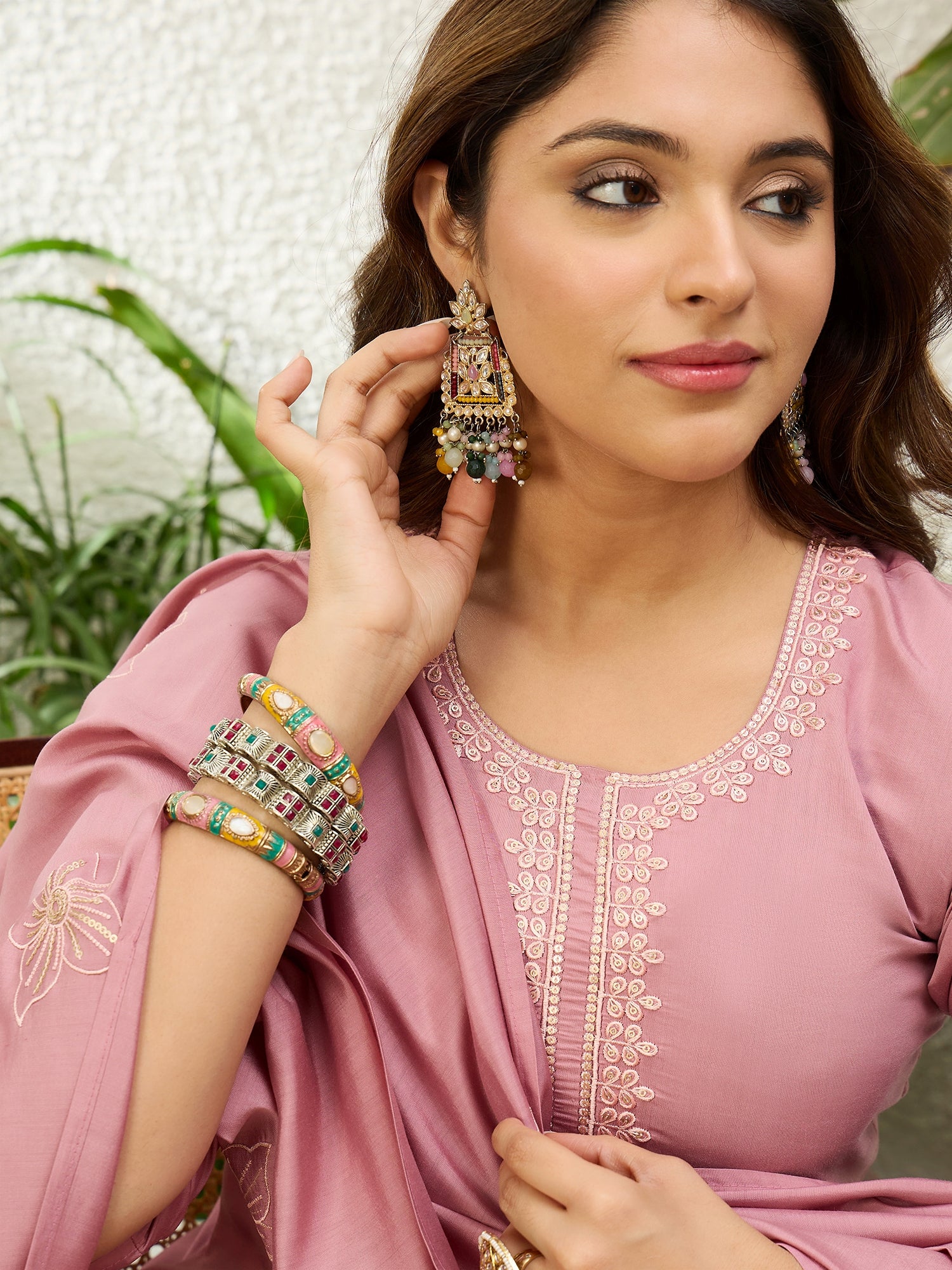 Tanvi Women's Soft Baby Pink Floral Embroidered Yoke Straight Kurta Set