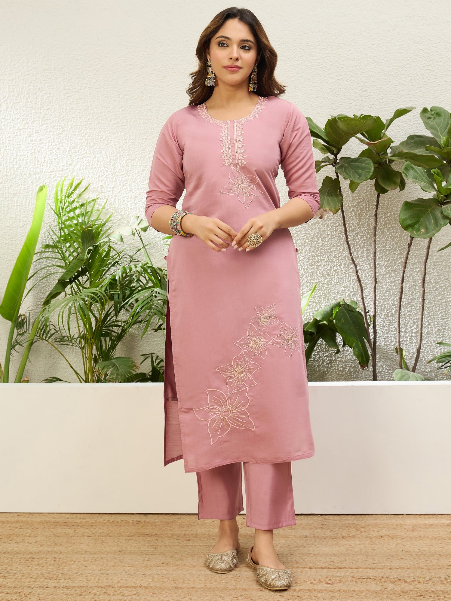 Tanvi Women's Soft Baby Pink Floral Embroidered Yoke Straight Kurta Set