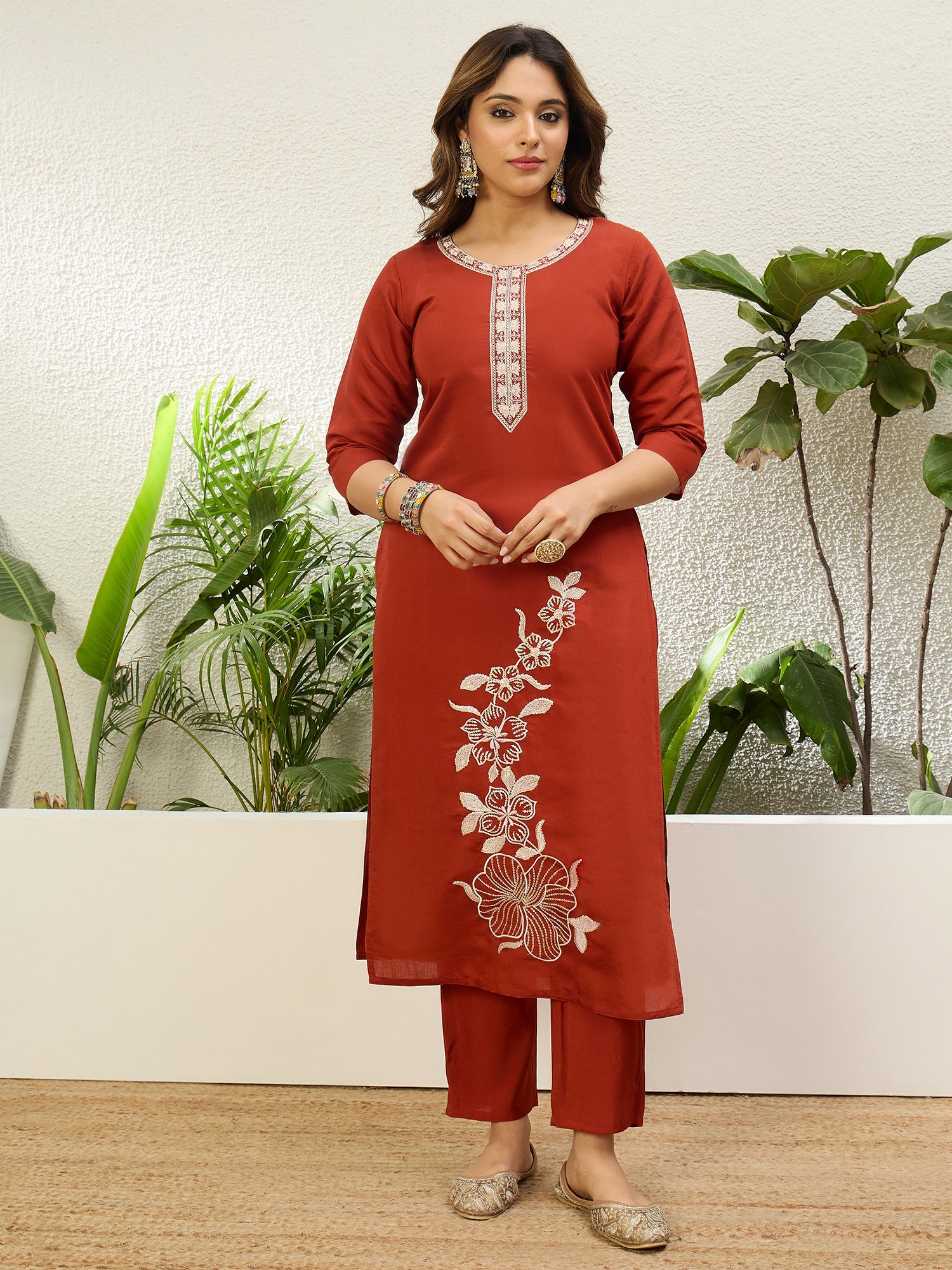 Vasundhara Women's Rust Silk Blend Embroidered Yoke Kurta Set