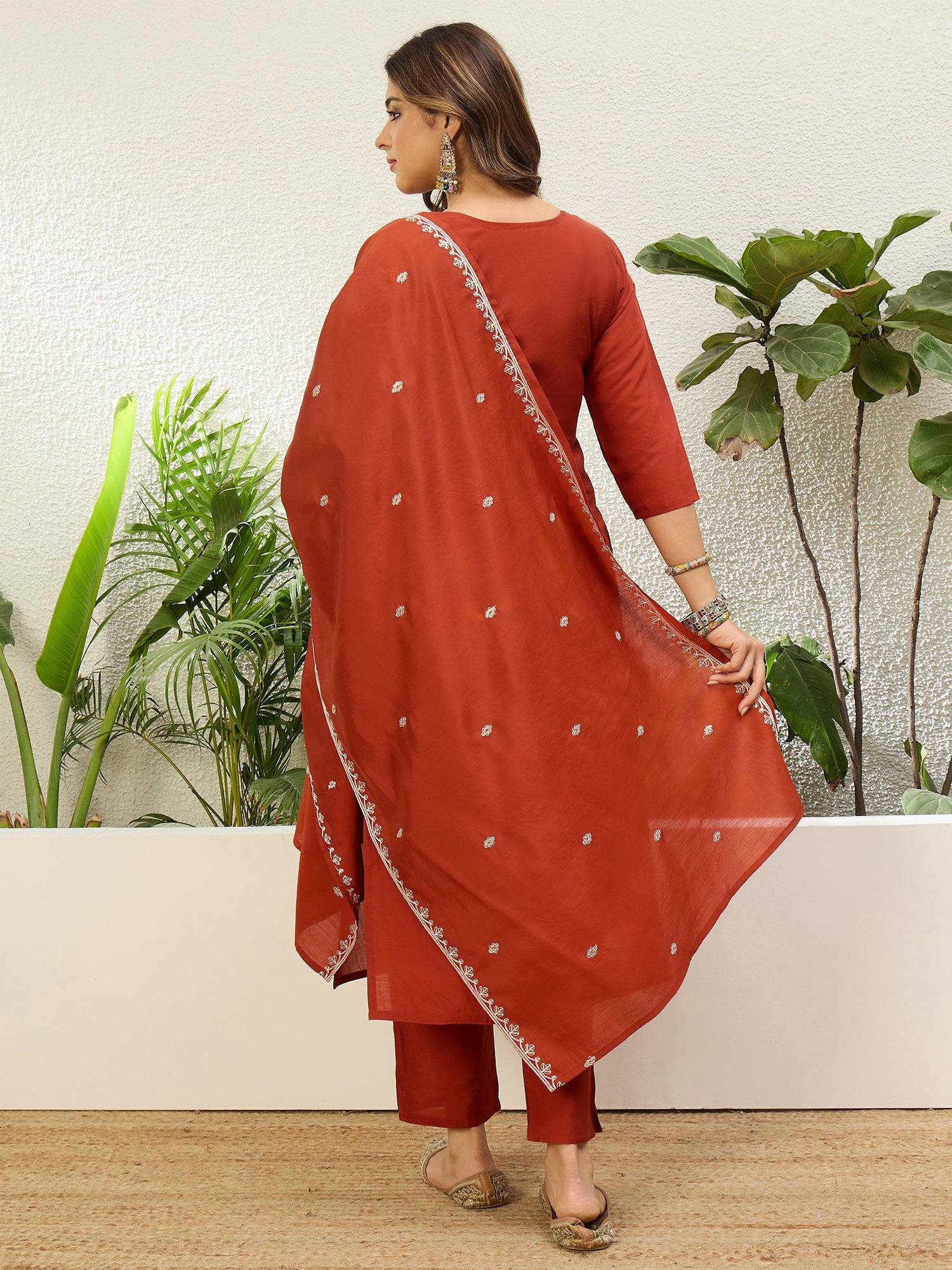 Vasundhara Women's Rust Silk Blend Embroidered Yoke Kurta Set