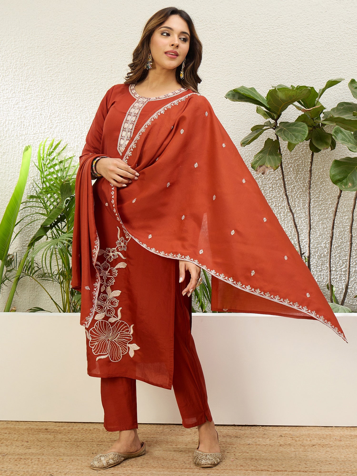 Vasundhara Women's Rust Silk Blend Embroidered Yoke Kurta Set