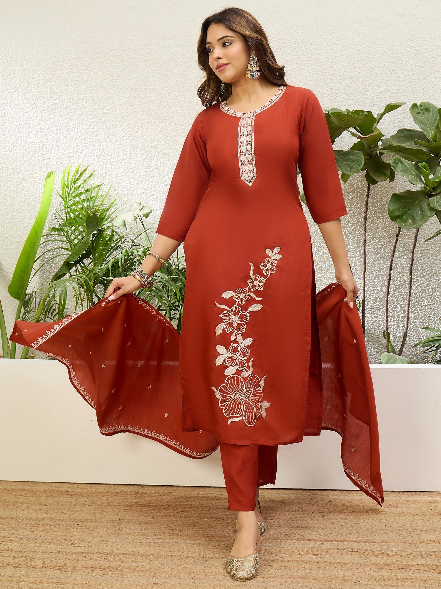 Vasundhara Women's Rust Silk Blend Embroidered Yoke Kurta Set