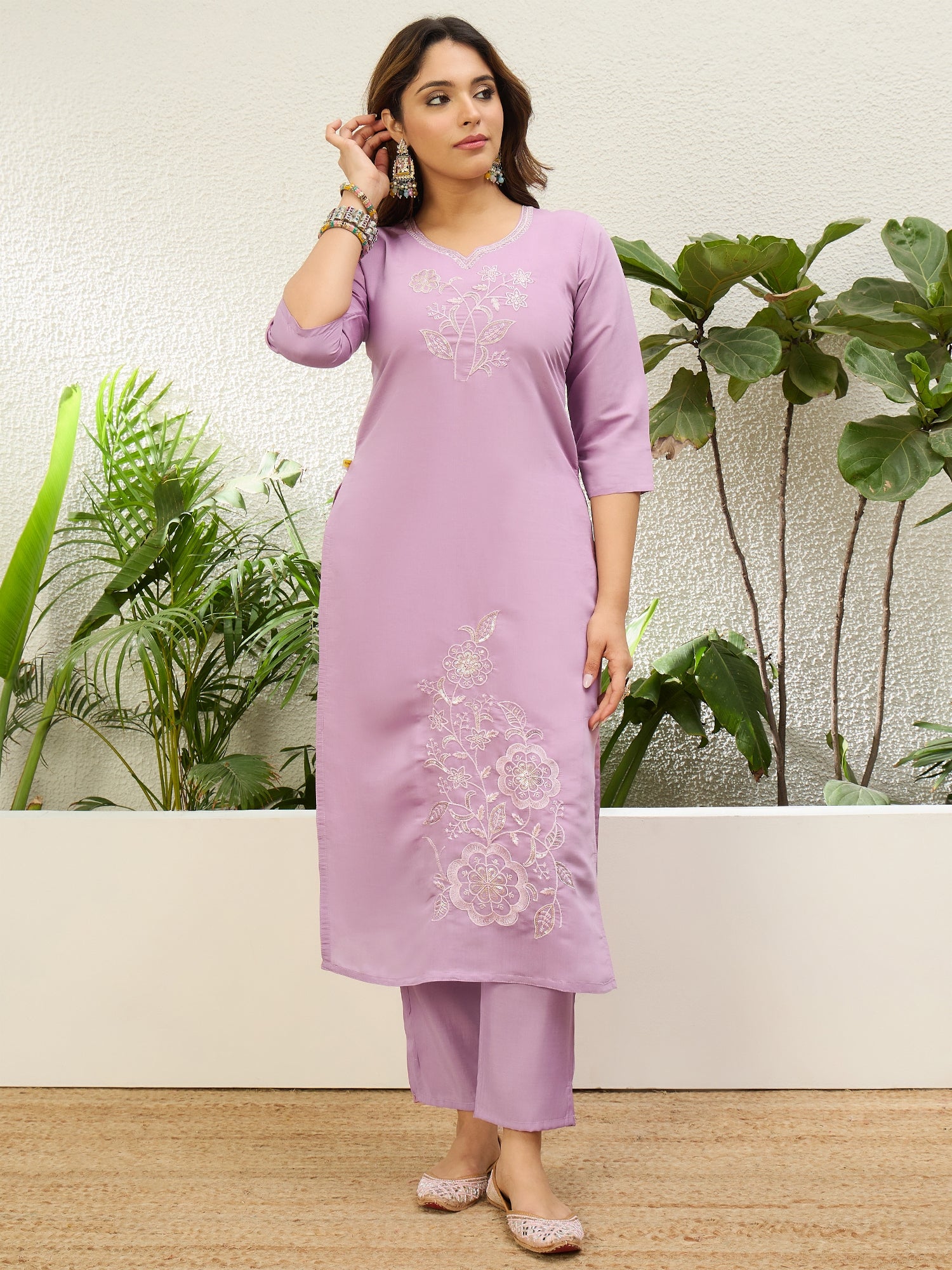Lavanya Women's Lavender Festive Embroidered Straight Kurta Set