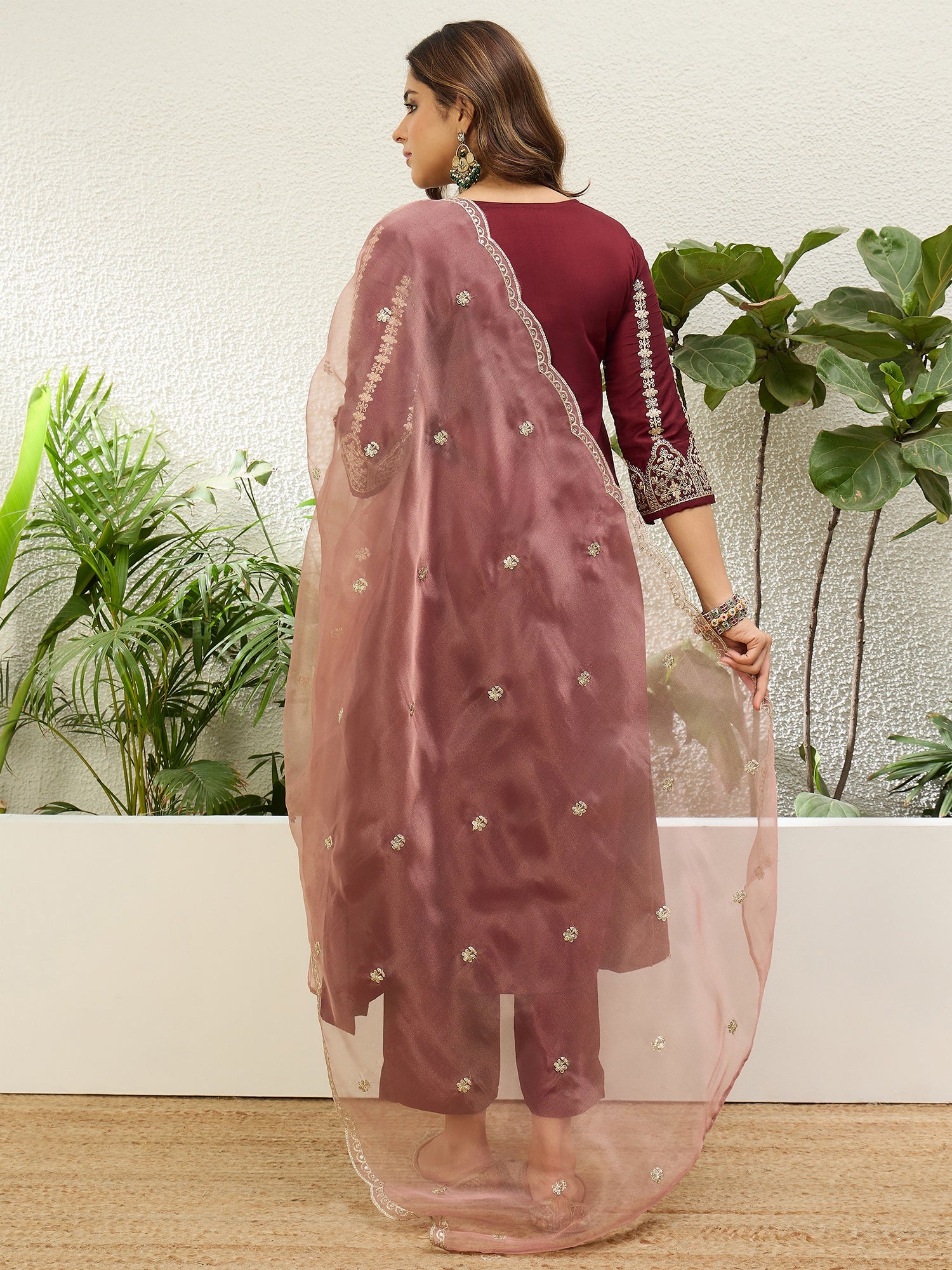Maroon Women Anarkali Kurta with Pant & Dupatta Suits, Festive Ethnic Set