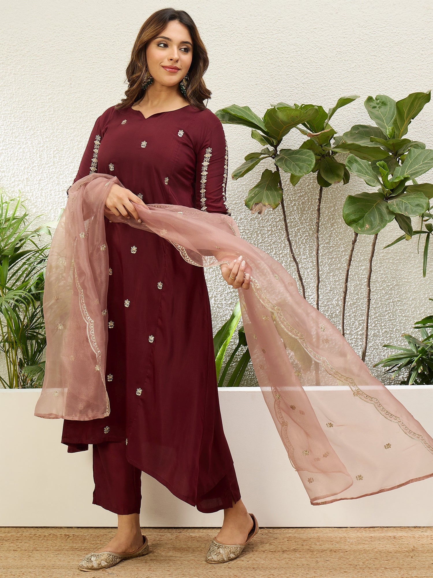 Maroon Women Anarkali Kurta with Pant & Dupatta Suits, Festive Ethnic Set