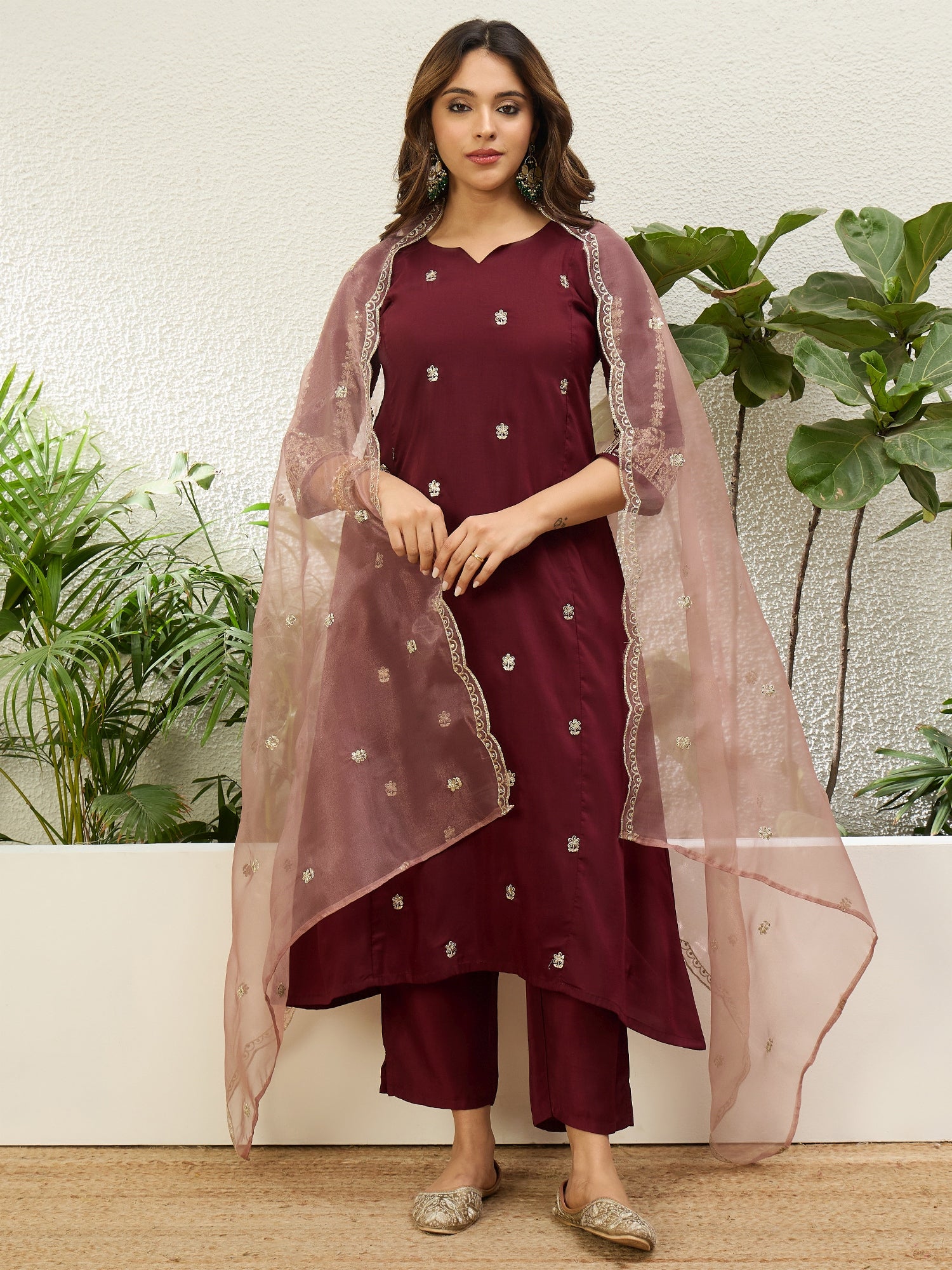 Maroon Women Anarkali Kurta with Pant & Dupatta Suits, Festive Ethnic Set