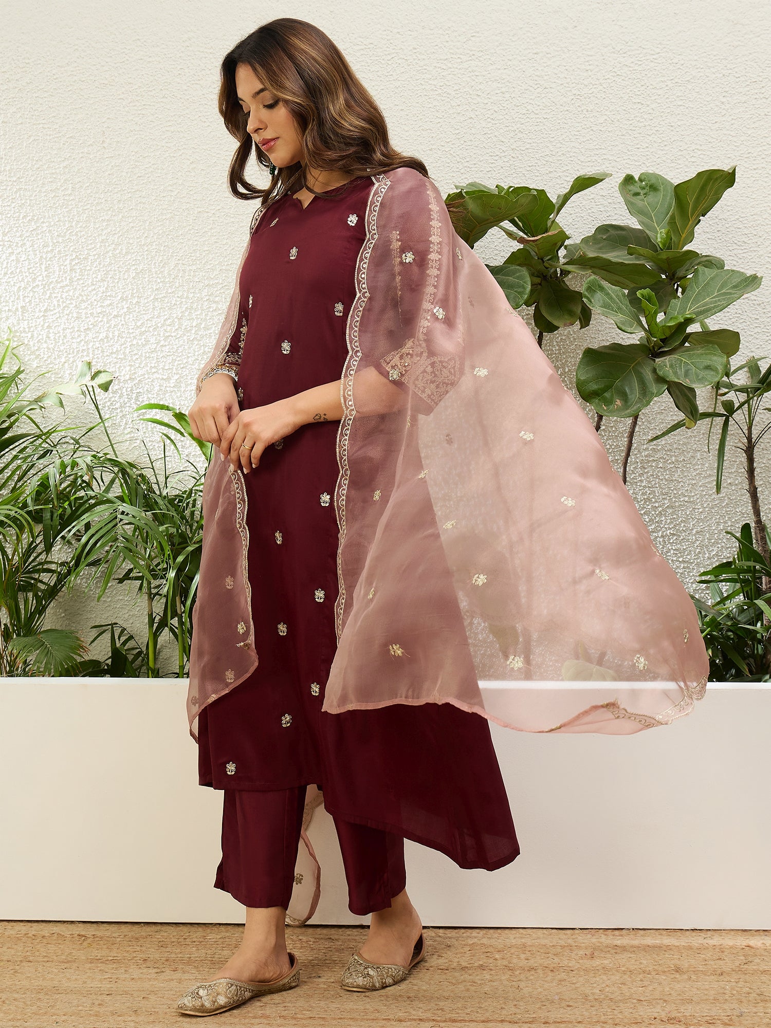 Kalyani Women's Maroon Embroidered Straight Kurta Pant Set with Dupatta