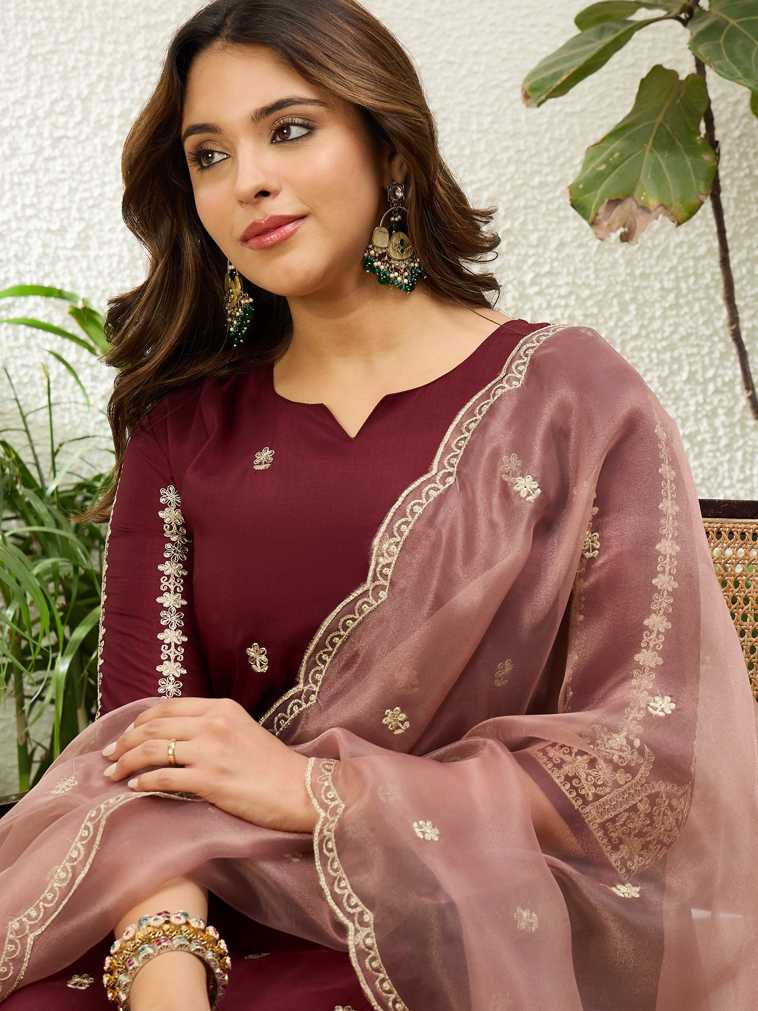 Kalyani Women's Maroon Embroidered Straight Kurta Pant Set with Dupatta