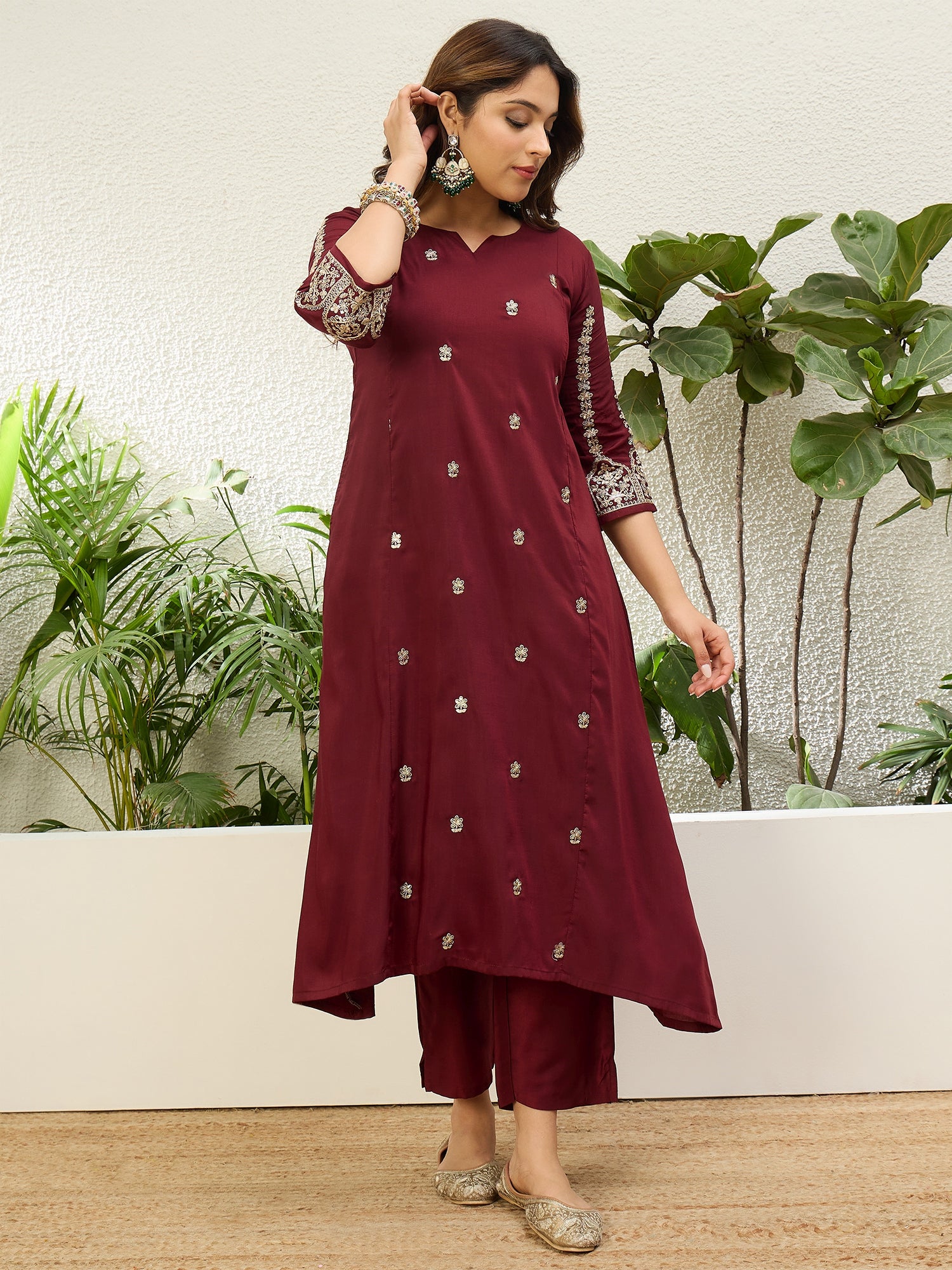 Kalyani Women's Maroon Embroidered Straight Kurta Pant Set with Dupatta