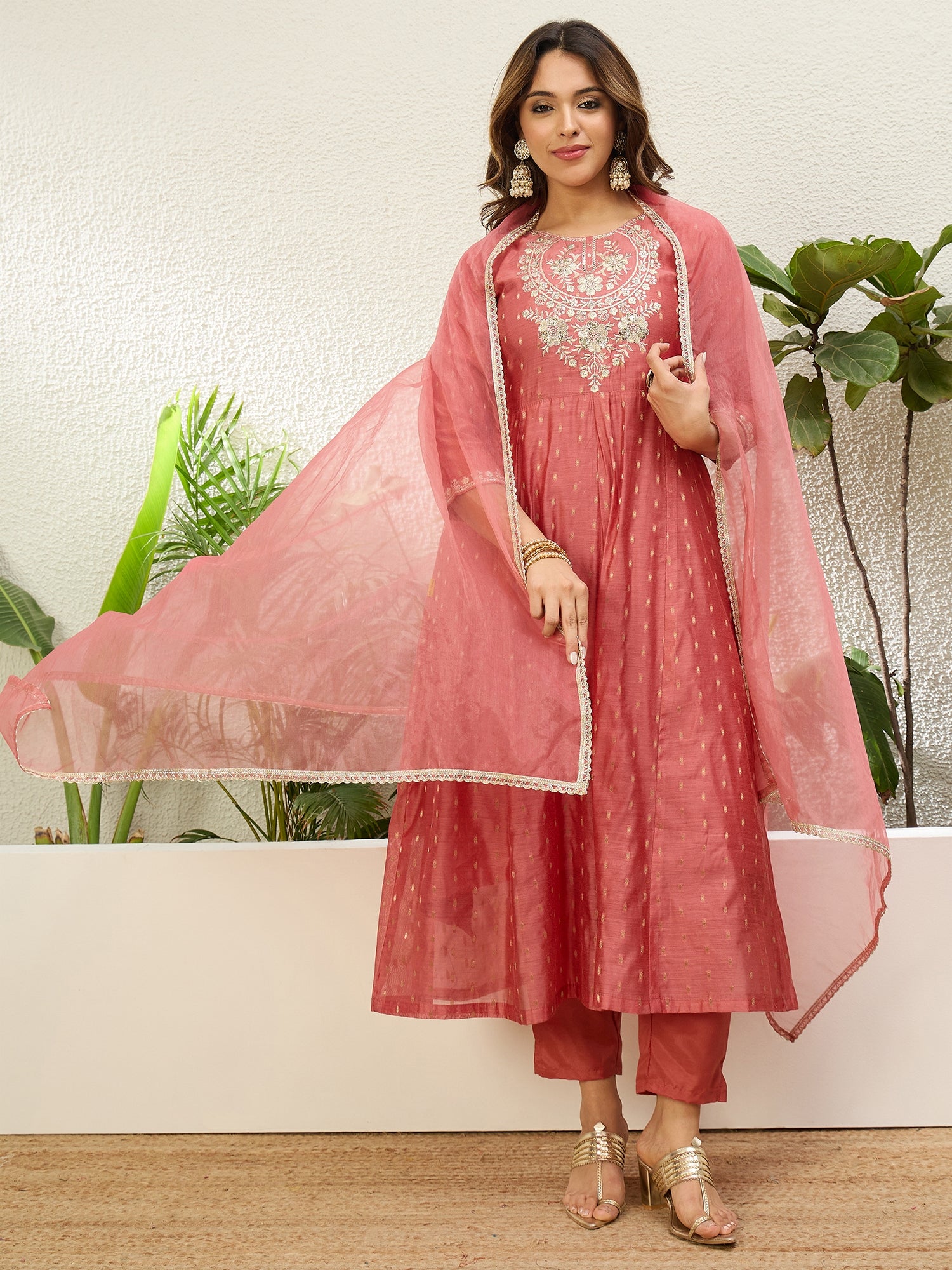 Myra Women's Peach Silk Blend Embroidered Yoke Flared Kurta Set