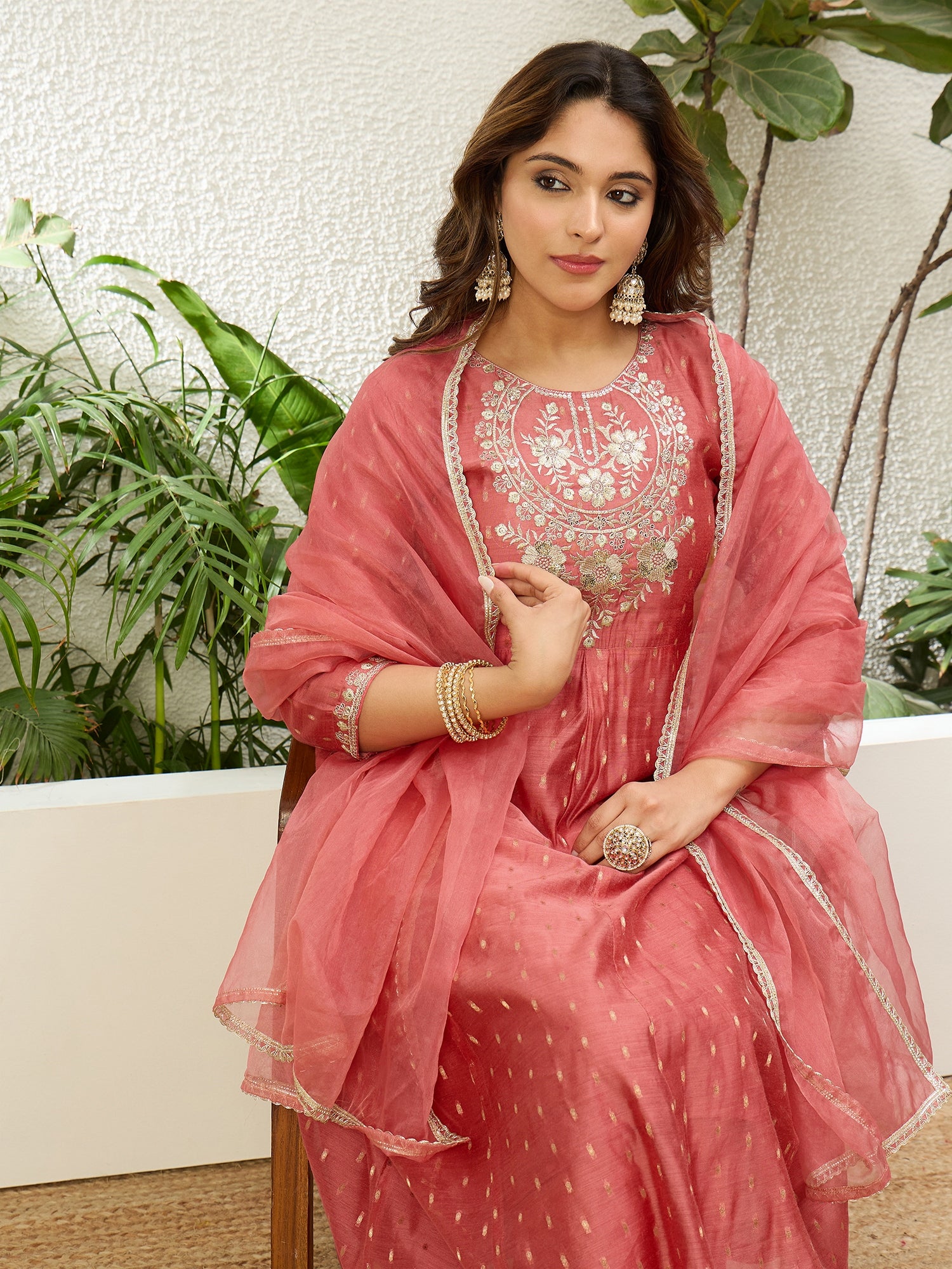 Myra Women's Peach Silk Blend Embroidered Yoke Flared Kurta Set