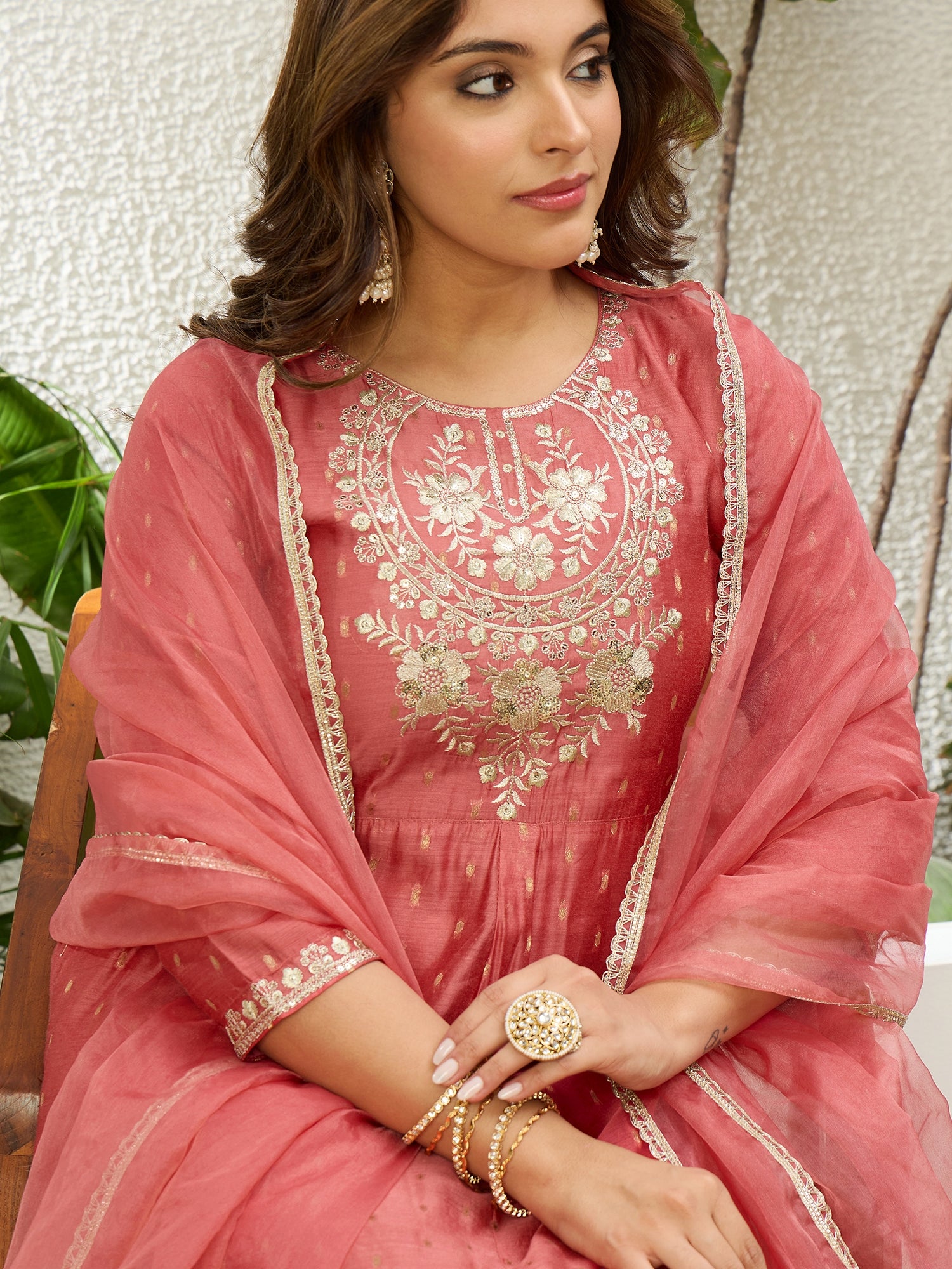 Myra Women's Peach Silk Blend Embroidered Yoke Flared Kurta Set