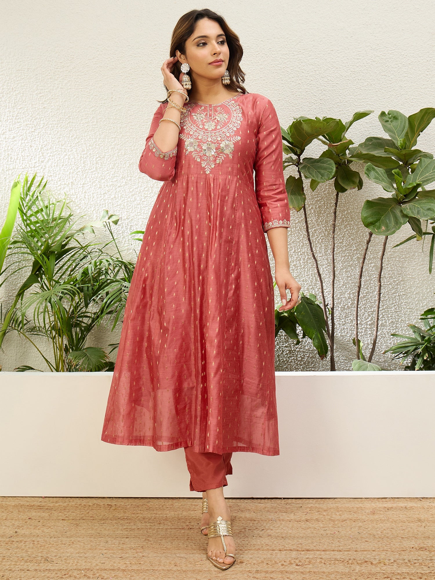 Myra Women's Peach Silk Blend Embroidered Yoke Flared Kurta Set
