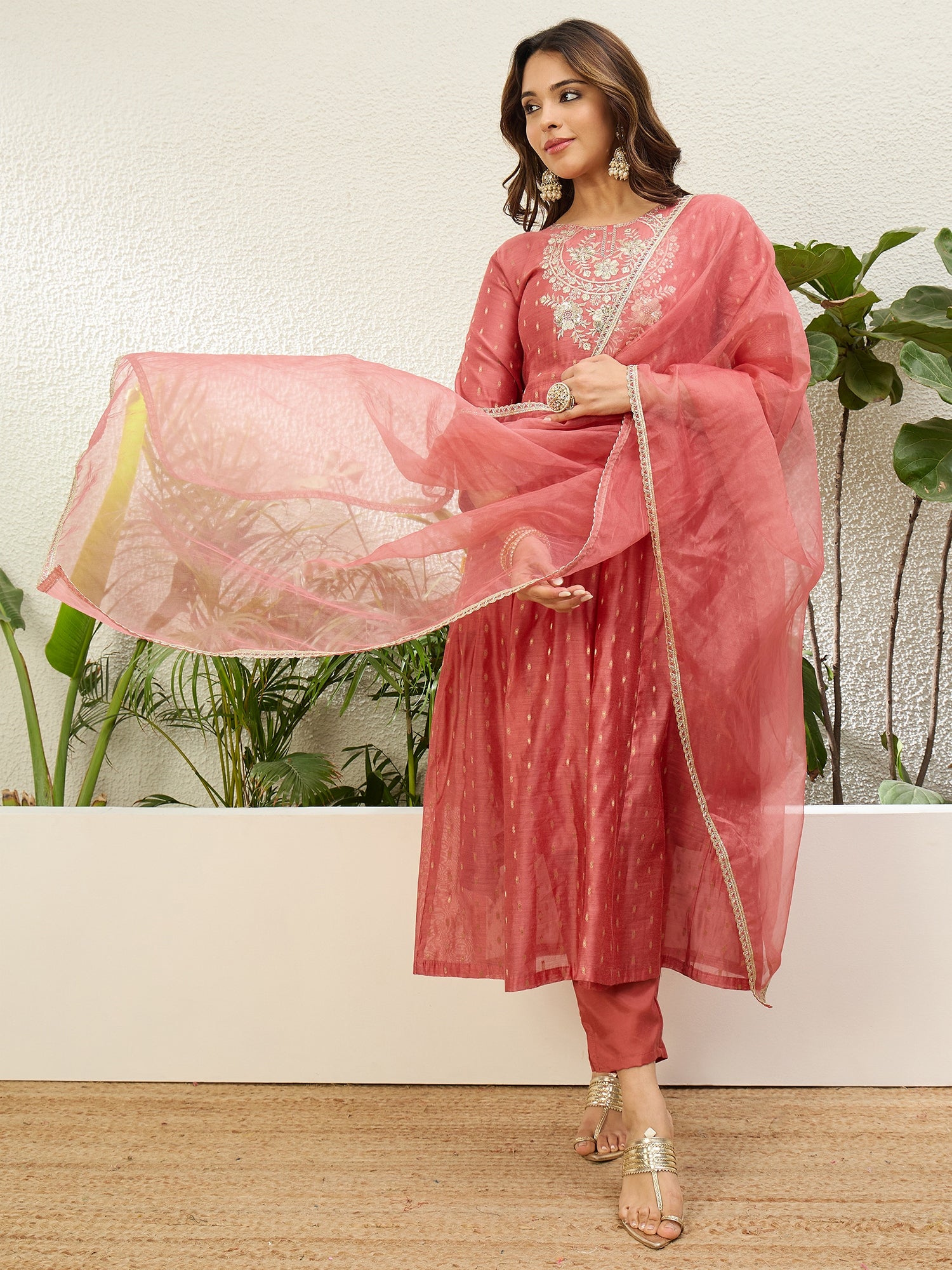 Myra Women's Peach Silk Blend Embroidered Yoke Flared Kurta Set