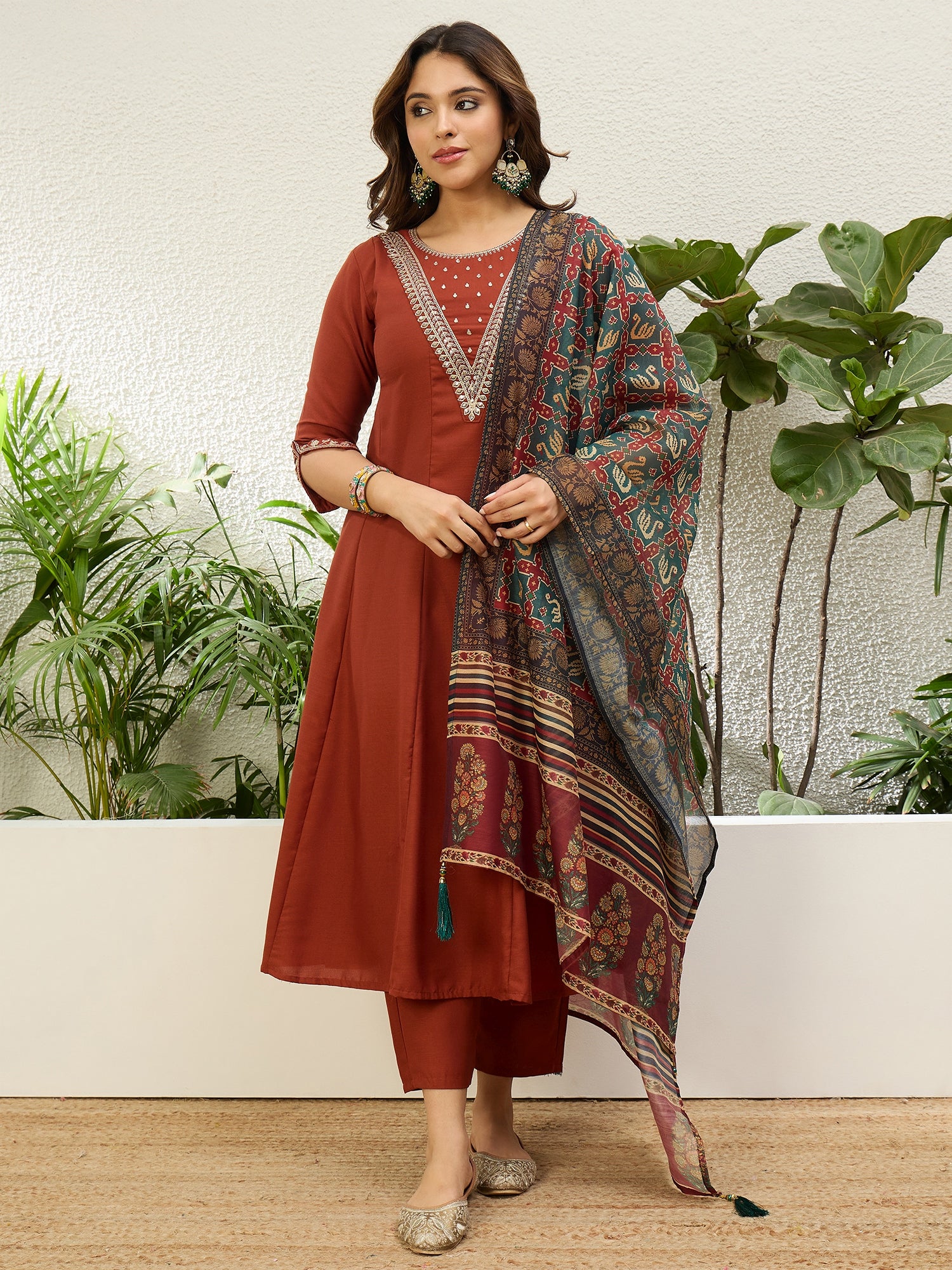 Gayatri Women's Rust Festive Flared Kurta Set with Traditional Print Dupatta