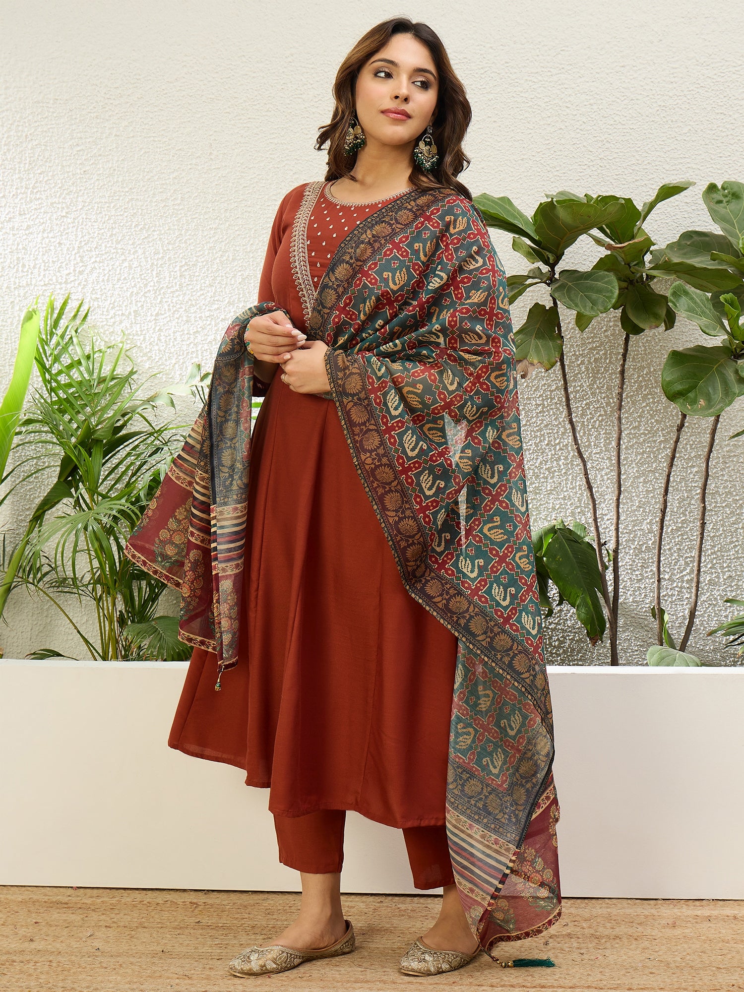 Gayatri Women's Rust Festive Flared Kurta Set with Traditional Print Dupatta