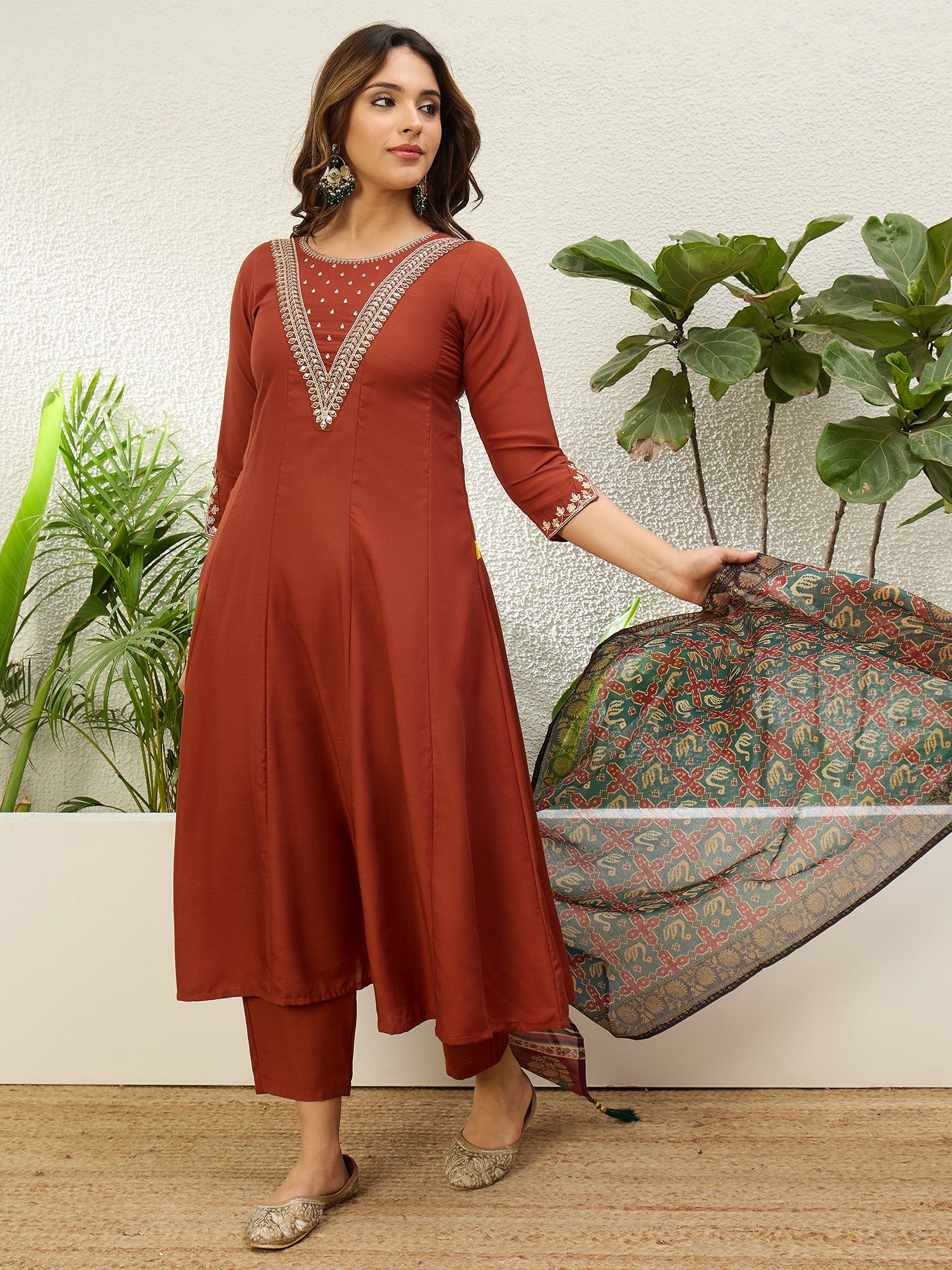 Gayatri Women's Rust Festive Flared Kurta Set with Traditional Print Dupatta