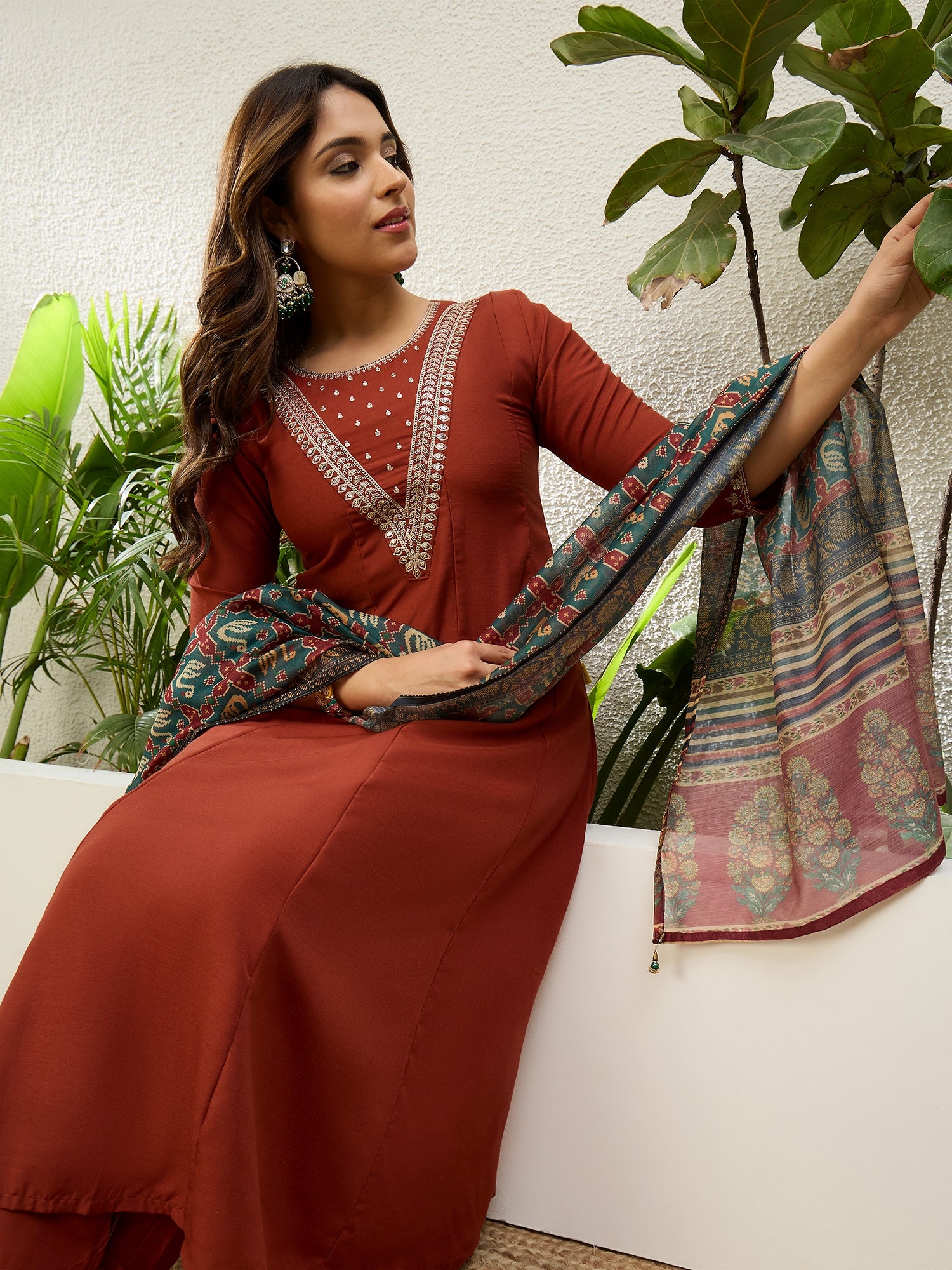 Gayatri Women's Rust Festive Flared Kurta Set with Traditional Print Dupatta