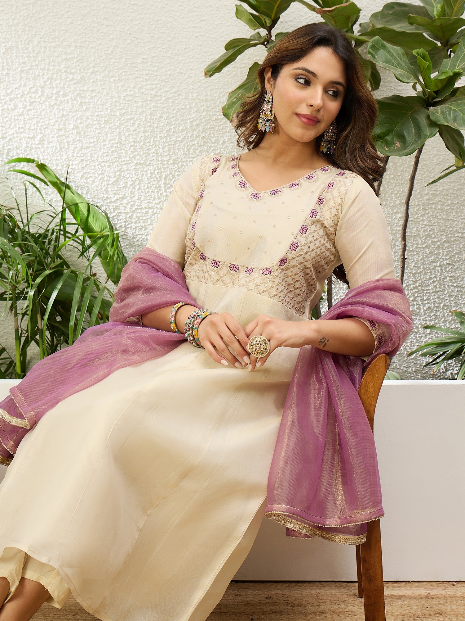 Cream Women Anarkali Kurta with Pant & Dupatta Suits, Festive Ethnic Set