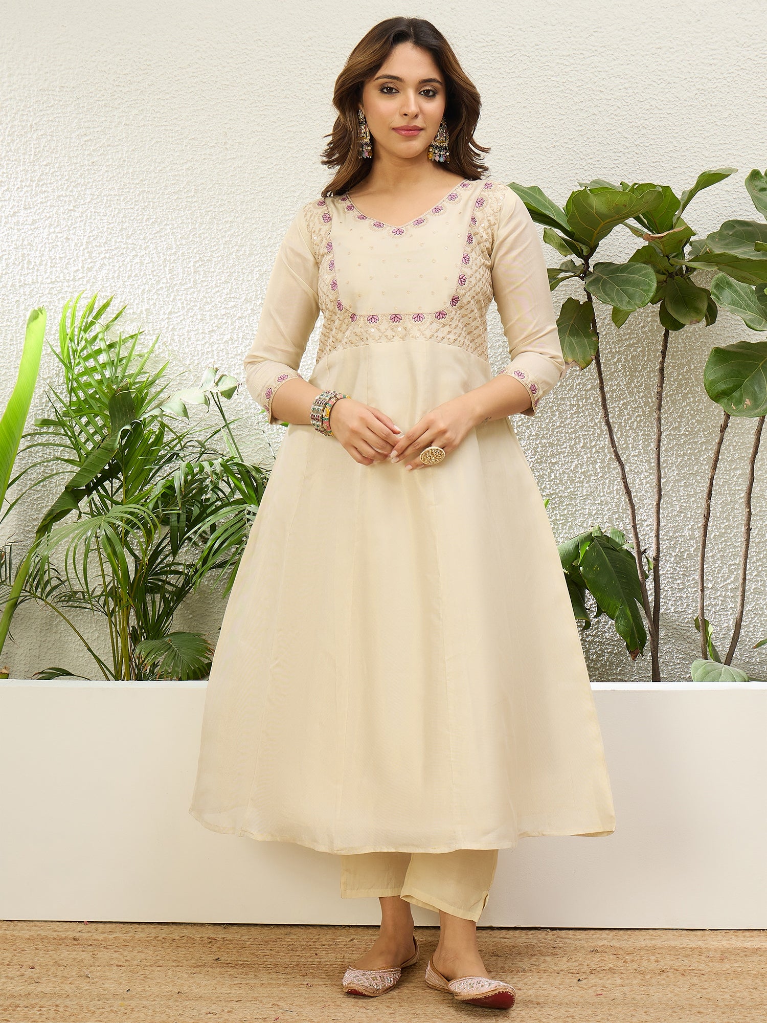 Cream Women Anarkali Kurta with Pant & Dupatta Suits, Festive Ethnic Set