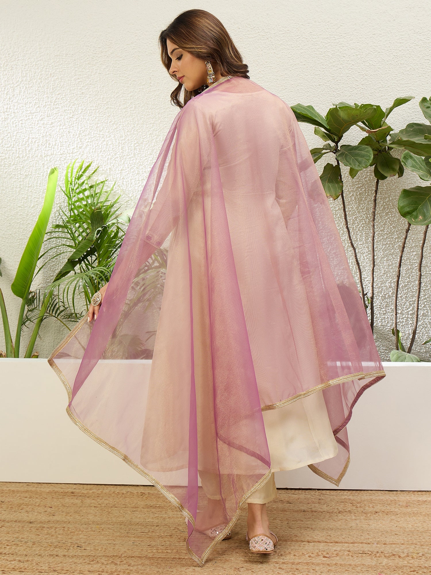 Cream Women Anarkali Kurta with Pant & Dupatta Suits, Festive Ethnic Set