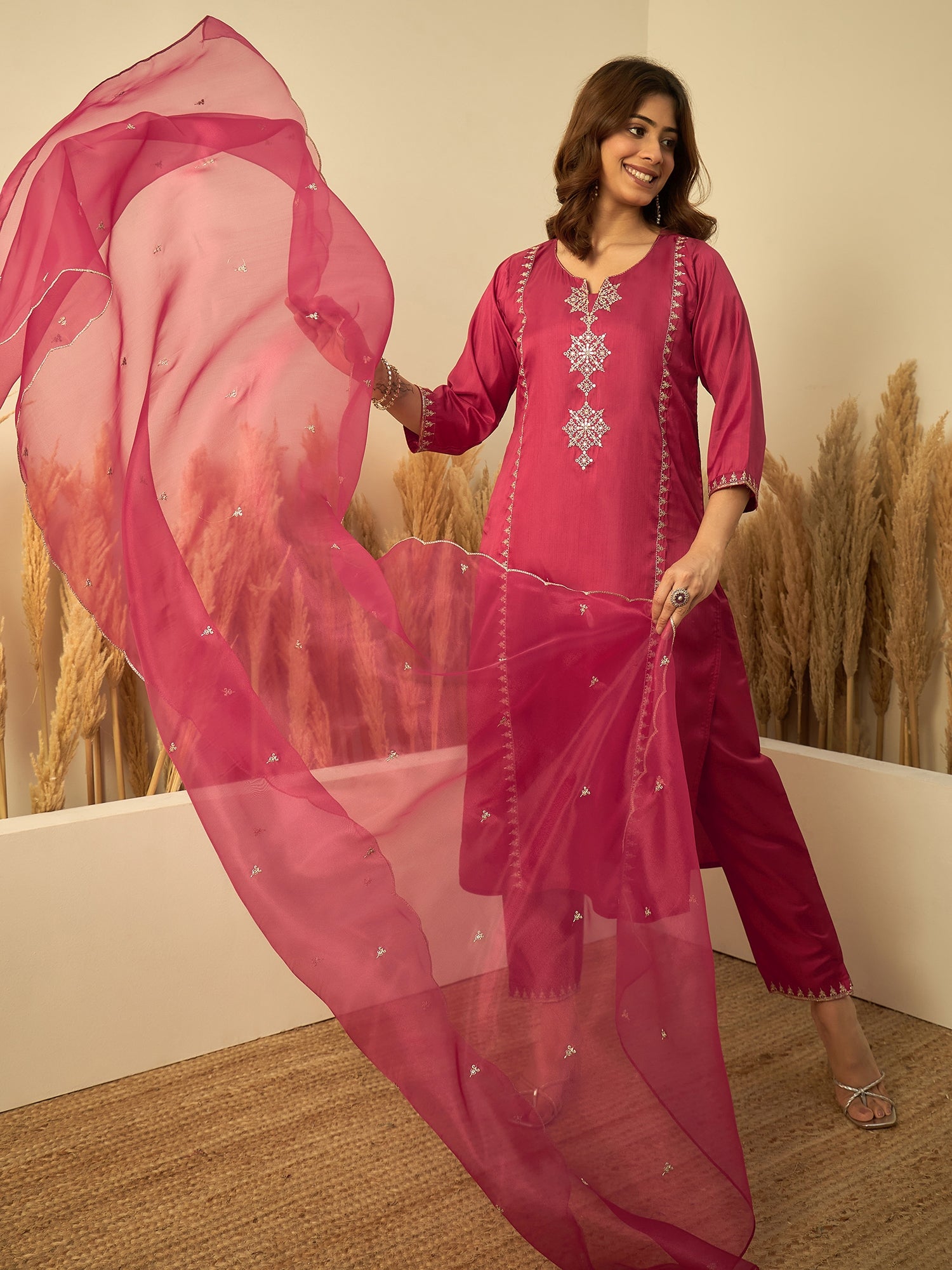 Siya Women's Rani Pink Silk Blend Embroidered Straight Kurta Set