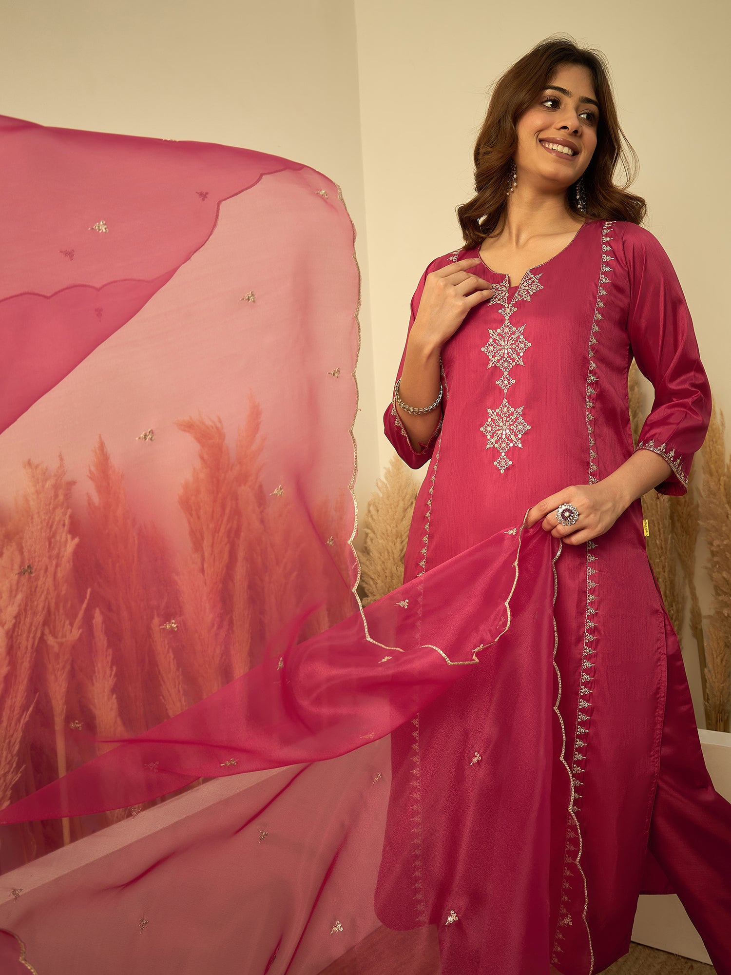 Siya Women's Rani Pink Silk Blend Embroidered Straight Kurta Set