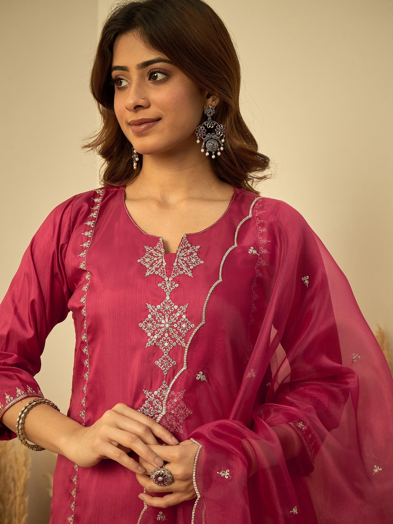 Siya Women's Rani Pink Silk Blend Embroidered Straight Kurta Set