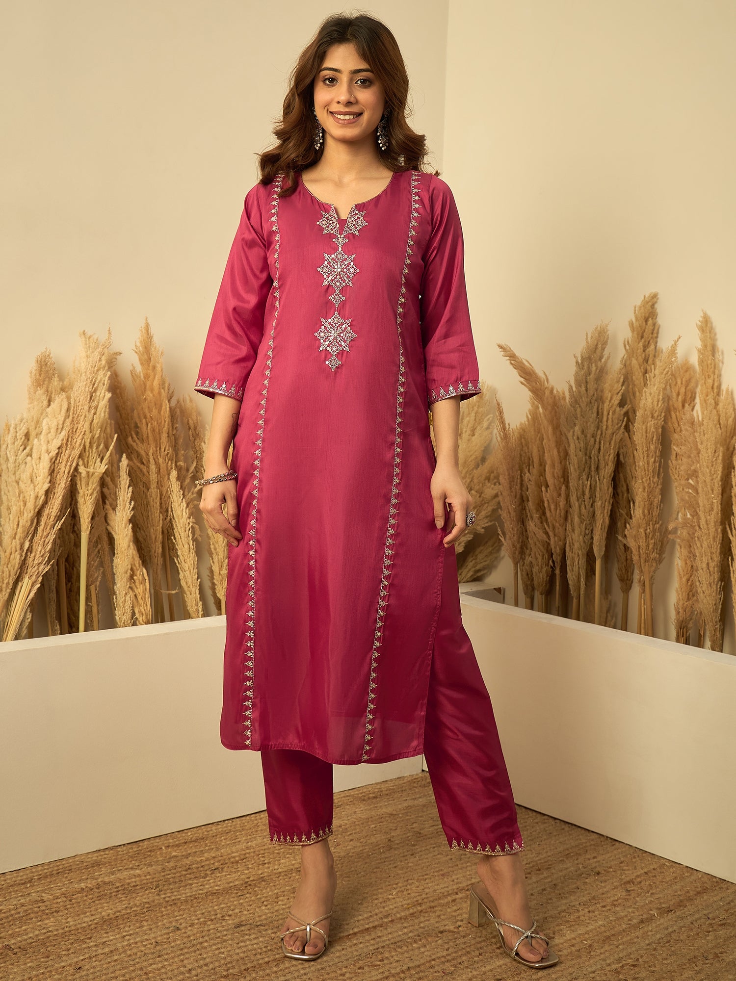 Siya Women's Rani Pink Silk Blend Embroidered Straight Kurta Set