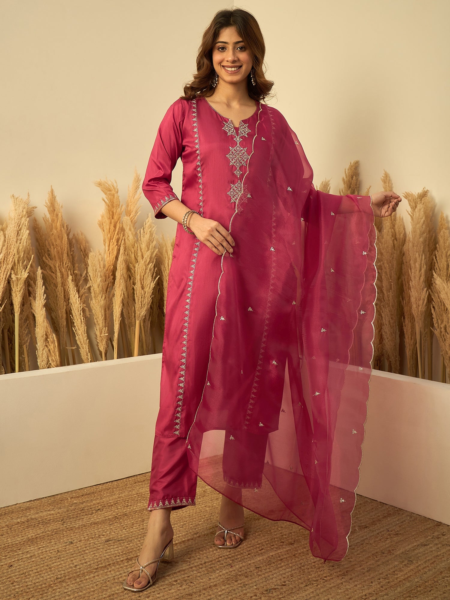 Siya Women's Rani Pink Silk Blend Embroidered Straight Kurta Set
