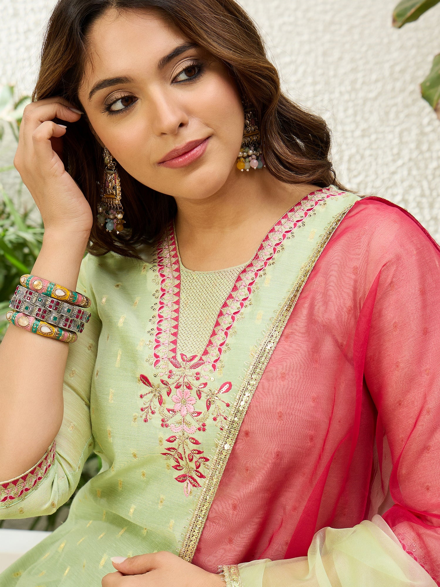 Harini Women's Pista Green Embroidered Yoke Design Straight Kurta Pant Set with Ombre Dupatta
