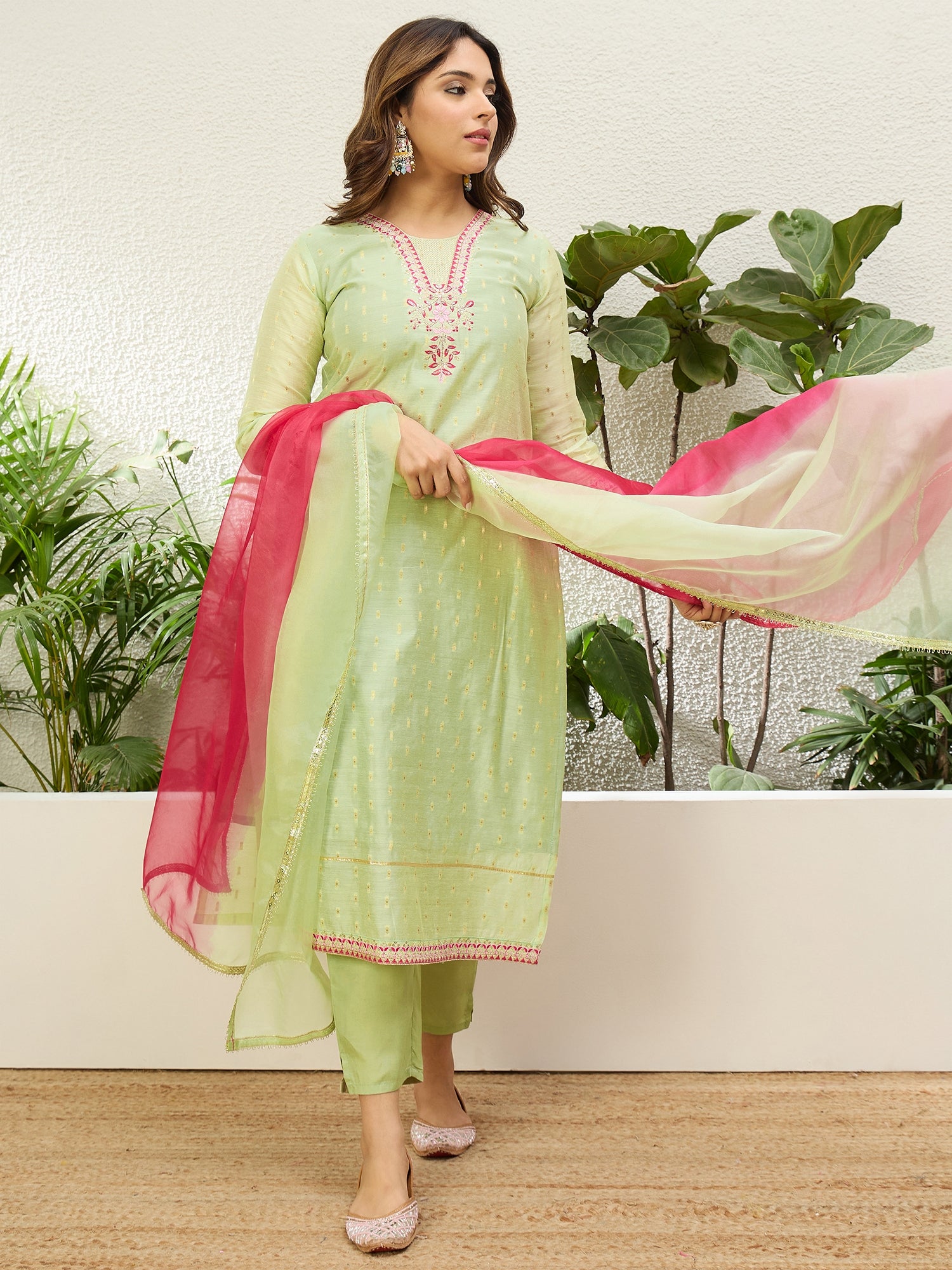 Harini Women's Pista Green Embroidered Yoke Design Straight Kurta Pant Set with Ombre Dupatta