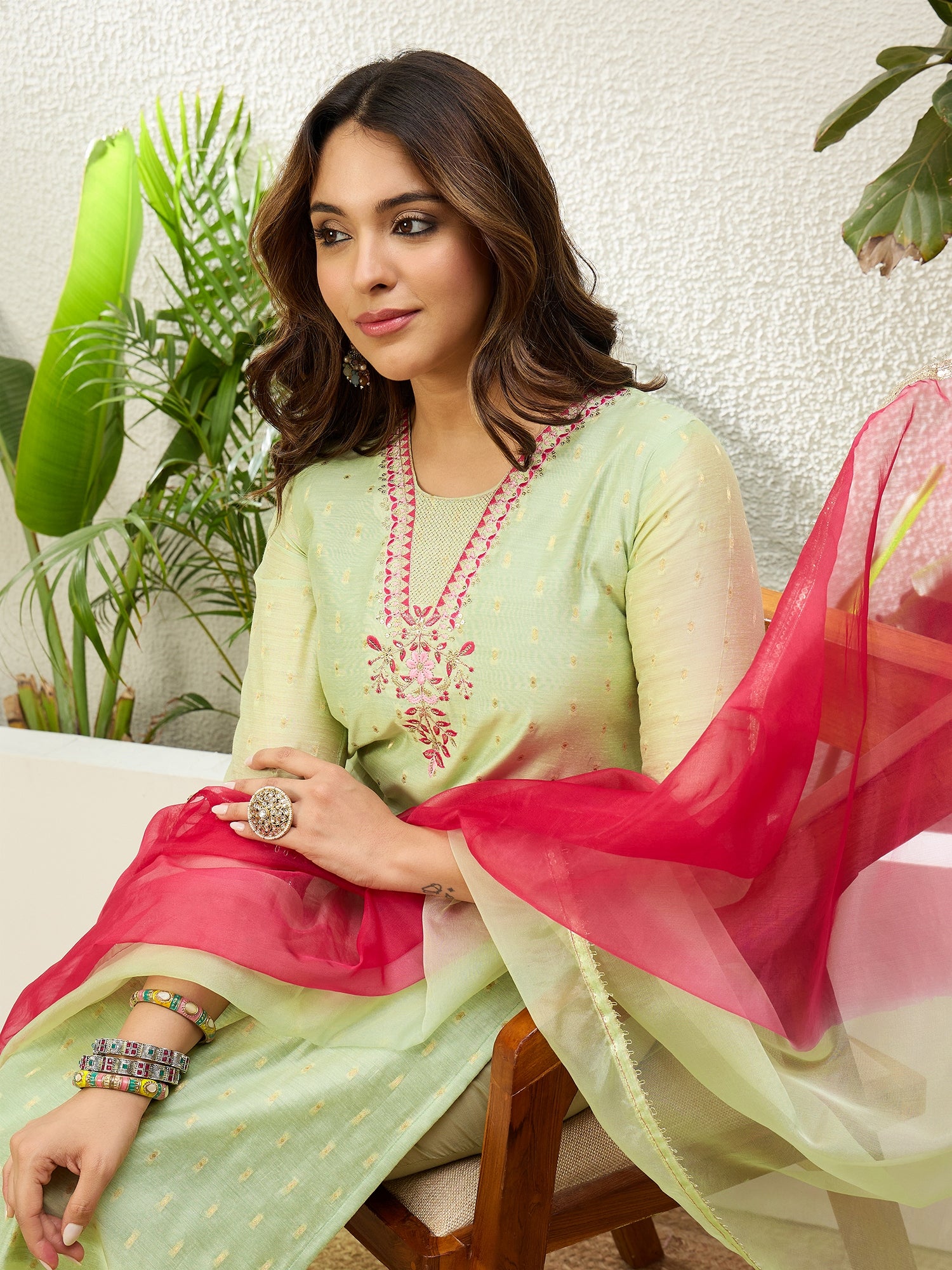 Harini Women's Pista Green Embroidered Yoke Design Straight Kurta Pant Set with Ombre Dupatta