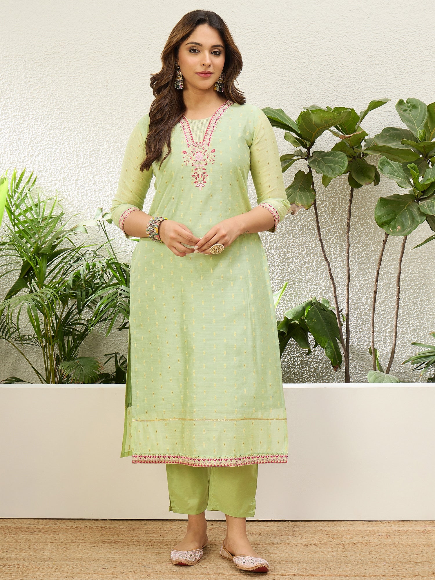 Harini Women's Pista Green Embroidered Yoke Design Straight Kurta Pant Set with Ombre Dupatta