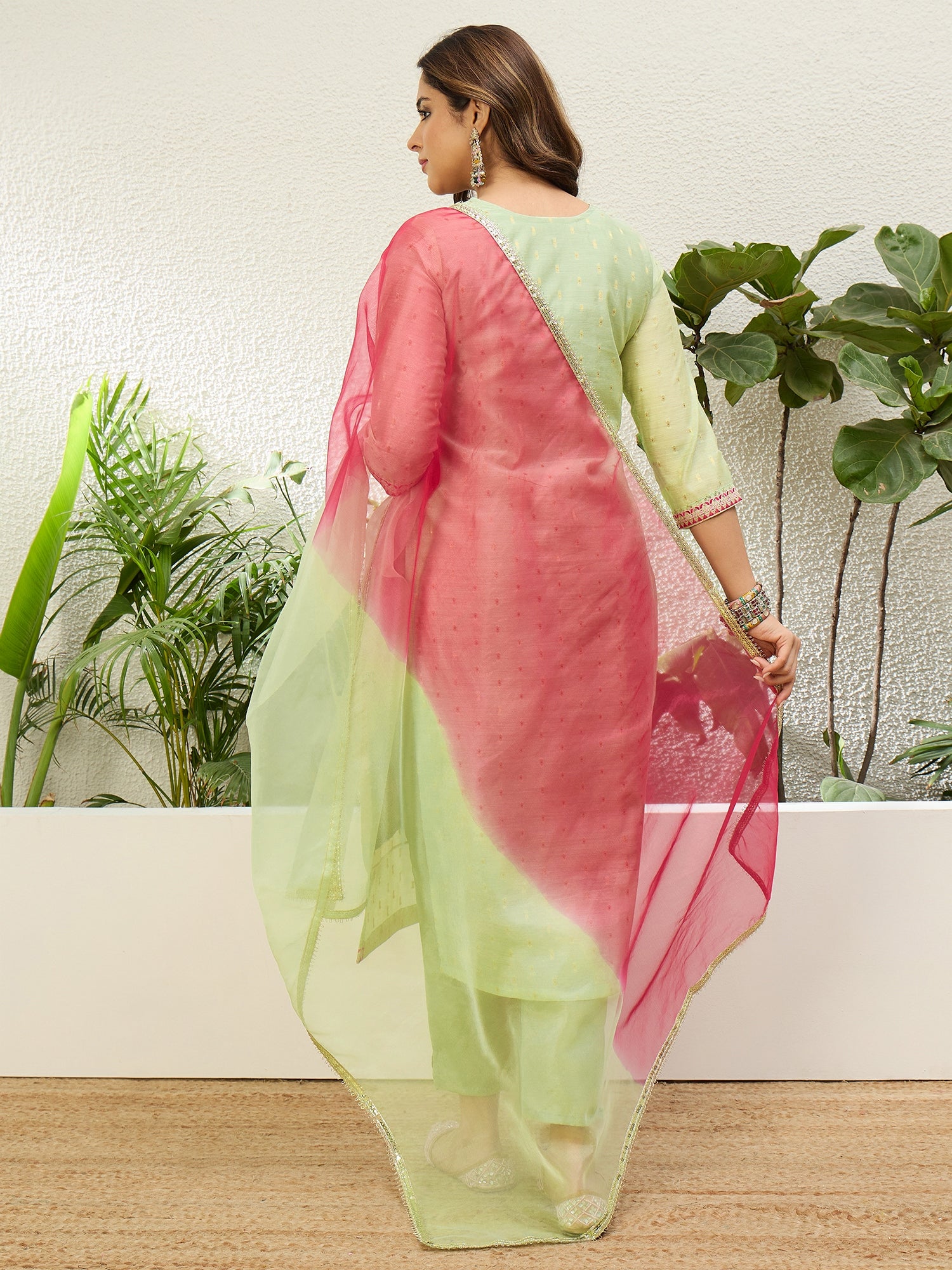 Harini Women's Pista Green Embroidered Yoke Design Straight Kurta Pant Set with Ombre Dupatta