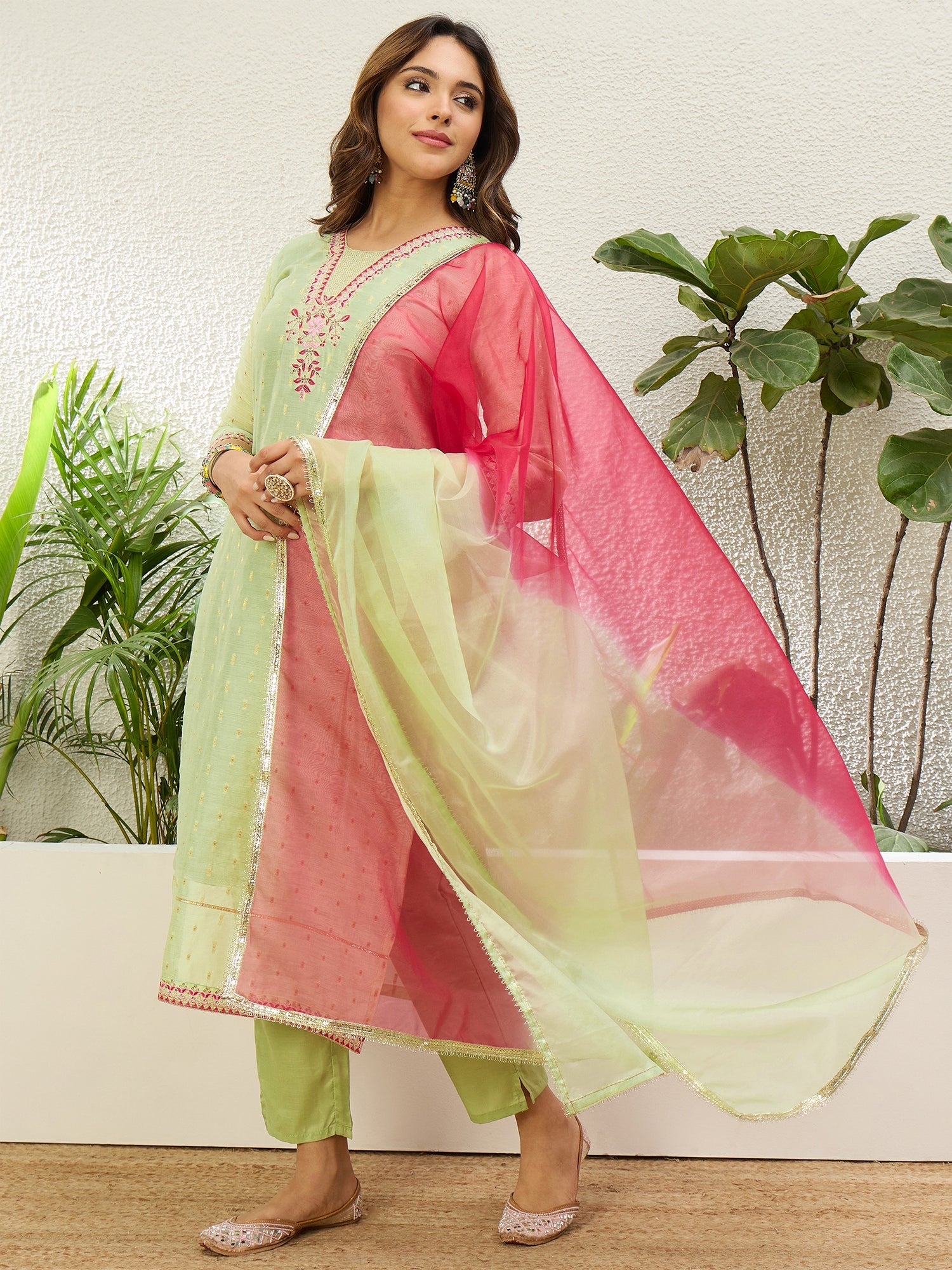 Harini Women's Pista Green Embroidered Yoke Design Straight Kurta Pant Set with Ombre Dupatta