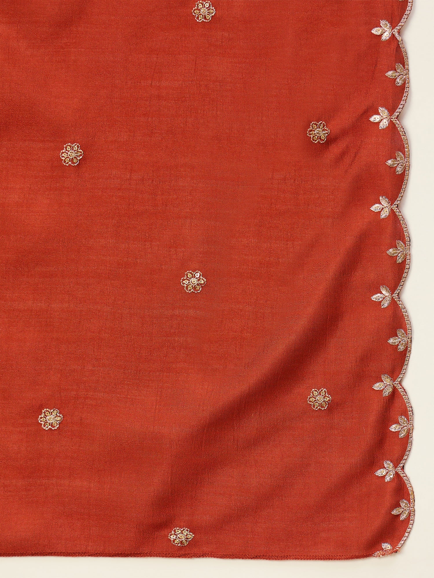 Vasundhara Women's Rust Red Embroidered Neckline Anarkali Kurta Set