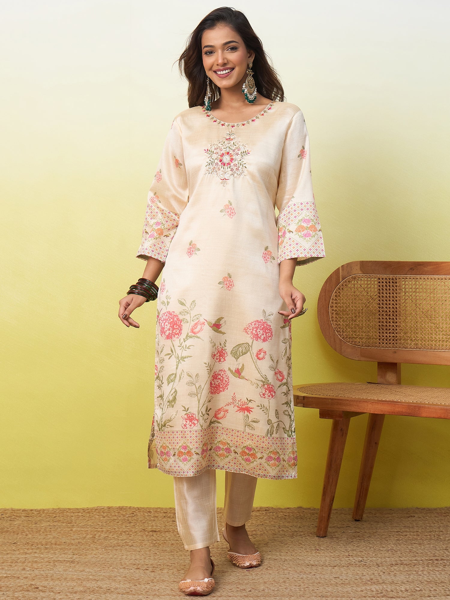 Padmini Women's Cream Embroidered Yoke Floral Print Straight Kurta Set
