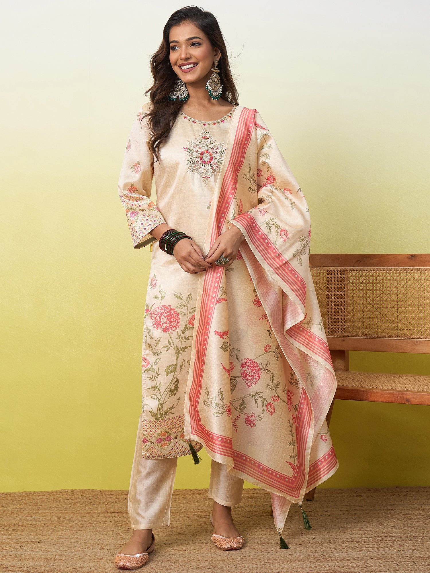 Padmini Women's Cream Embroidered Yoke Floral Print Straight Kurta Set