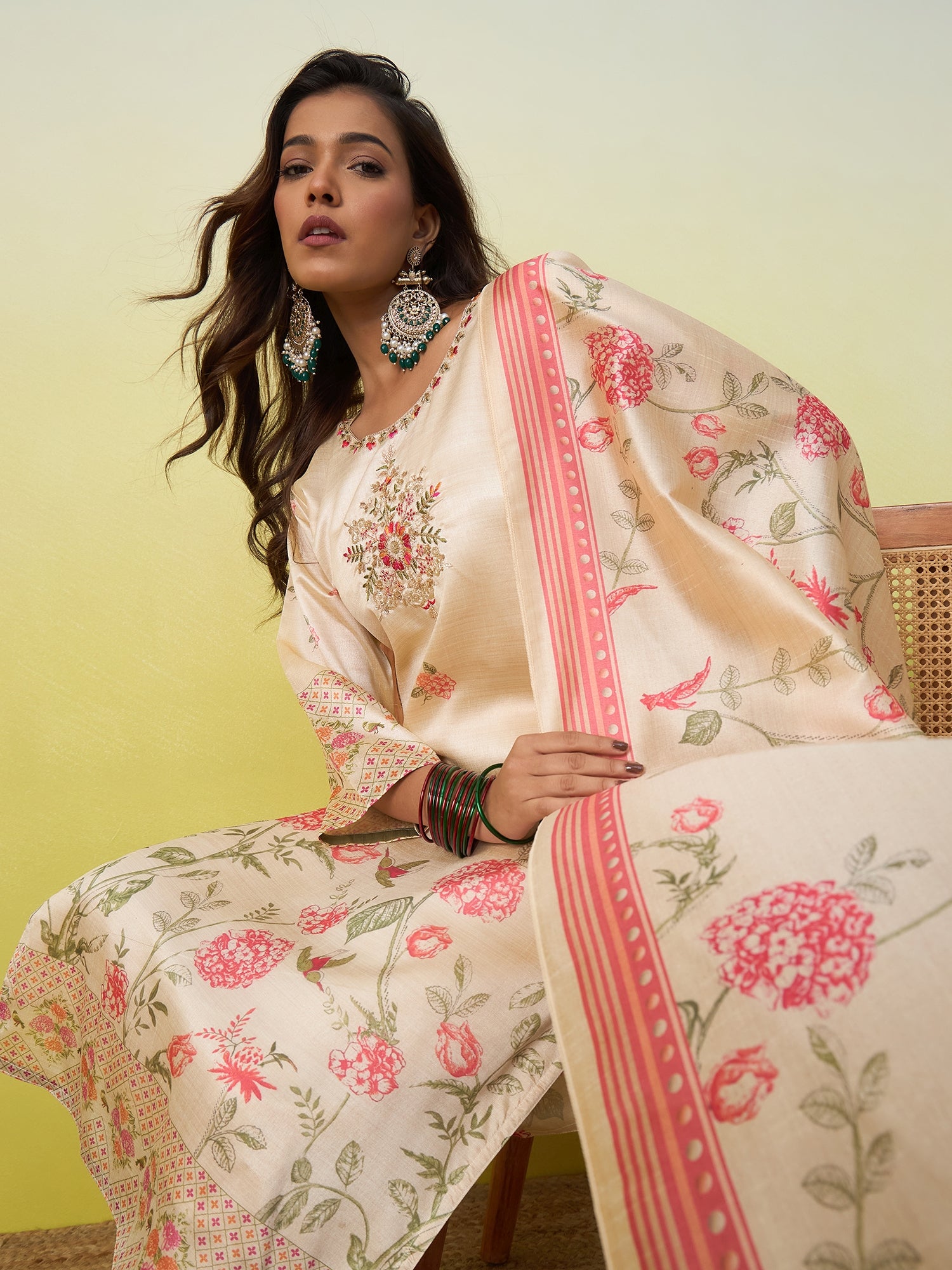 Padmini Women's Cream Embroidered Yoke Floral Print Straight Kurta Set